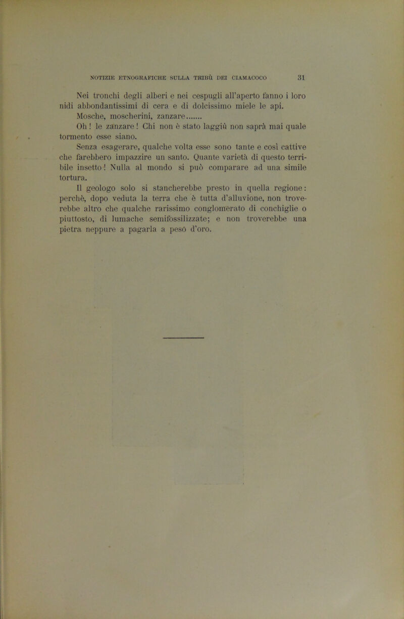 Nei tronchi degli alberi e nei cespugli alPaperto tanno i loro nidi abbondantissimi di cera e di dolcissimo miele le api. Mosche, moscherini, zanzare Oh ! le zanzare ! Chi non è stato laggiù non saprà mai quale tormento esse siano. Senza esagerare, qualche volta esse sono tante e così cattive che farebbero impazzire un santo. Quante varietà di questo terri- bile insetto ! Nulla al mondo si può comparare ad una simile tortura. Il geologo solo si stancherebbe presto in quella regione : perchè, dopo veduta la terra che è tutta d’alluvione, non trove- rebbe altro che qualche rarissimo conglomerato di conchiglie o piuttosto, di lumache semifossilizzate; e non troverebbe una pietra neppure a pagarla a peso d’oro.