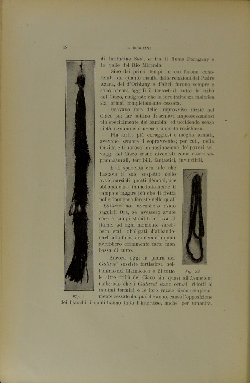 (li latitudine Sud, e tra il tiuine Paniguay e la valle del Rio Miranda. Sino dai primi tempi in cui lurono cono- sciuti, da quanto risulta dalle relazioni del Padre Azara, del d'Orbigny e d’altri, fm-ono st^rripre e sono ancora oggidì il terrortì di tutte le tribù del (^iaco, malgrado che la loro influenza malefica sia ormai completamente cessata. Usavano fare delle improvvise razzie nel Giaco per far bottino di schiavi impossessandosi più specialmente dei bamljini ed uccidendo senza pietà ognuno che avesse opposto resistenza. Più forti, più coraggiosi e meglio armati, avevano sempre il sopravvento; per cui, nella fervida e timorosa immaginazione de’ poveri sel- vaggi del Giaco erano diventati come esseri s(0- prannaturali, terribili, fantastici, invincibili. E lo spavento era tale che bastava il solo sospetto dello avvicinarsi di questi dèmoni, per abbandonare immediatamente il campo e fuggire più che di fretta nelle immense foreste nelle quali i Caduvei non avrebbero osato seguirli. Ora, se avessero avute case e campi stabiliti in riva al fiume, ad ogni momento sareb- bero stati obbligati d’abbando- narli alla furia dei nemici i quali avrebbero certamente fatto man bassa di tutto. Ancora oggi la paura dei Caduvei sussiste fortissinm nel- l’animo dei Giamacoco e di tutte Fig. '32 le altre tribù del Giaco sin quasi aH’Asuncion; malgrado che i Caduvei siano ormai ridotti ai minimi termini e le loro razzie siano completa- Fi'j. ■ mente cessate da qualche anno, causa l’opposizione dei bianchi, i quali hanno tutto l’interesse, anche per umanità.