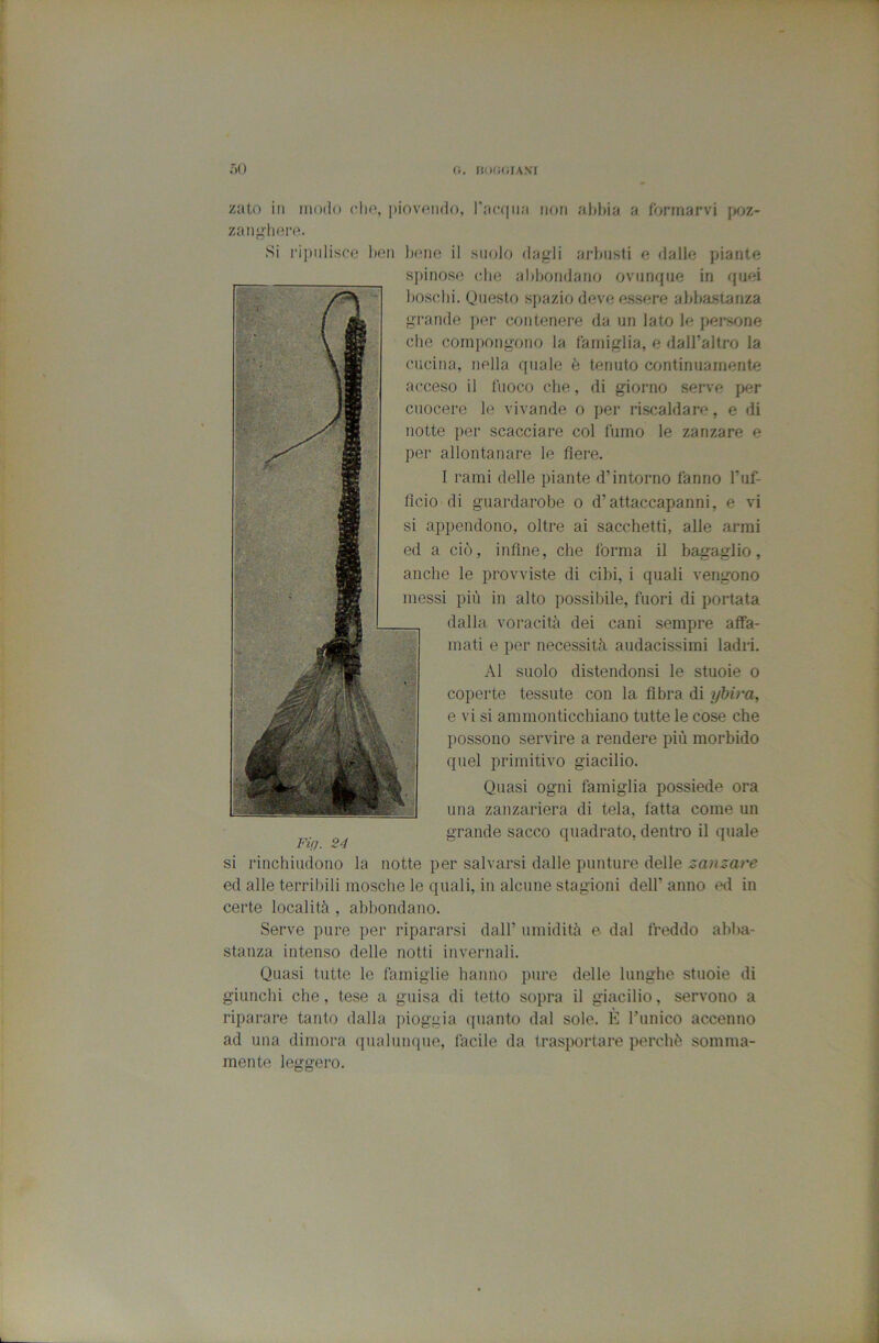 fi. m»(i(iiAxi r>o zato in modo elio, lìiovoiido, raffina non abbia a formarvi jx)z- zanglinro. Si ripulisce ben bene il snolo dagli arbusti e dalle piante spinose che abbondano ovunque in quei boschi. Onesto spazio deve es.sere abbastanza grande per contenere da un lato le persone che compongono la famiglia, e daH’altro la cucina, nella quale è tenuto continuamente acceso il liioco che, di giorno serve per cuocere le vivande o per riscaldare, e di notte per scacciare col fumo le zanzare e per allontanare le Aere. I rami delle piante d’intorno fanno Tuf- ficio di guardarobe o d’attaccapanni, e vi si appendono, oltre ai sacchetti, alle armi ed a ciò, infine, che forma il bagaglio, anche le provviste di cibi, i quali vengono messi più in alto possibile, fuori di portata dalla voracità dei cani sempre affa- mati e per necessità audacissimi ladri. Al suolo distendonsi le stuoie o coperte tessute con la fibra di yhira, e vi si ammonticchiano tutte le cose che possono servire a rendere più morbido quel primitivo giacilio. Quasi ogni famiglia possiede ora una zanzariera di tela, fatta come un grande sacco quadrato, dentro il quale si rinchiudono la notte per salvarsi dalle punture delle zanzare ed alle terribili mosche le quali, in alcune stagioni dell’ anno ed in certe località , abbondano. Serve pure per ripararsi dall’ umidità e- dal freddo abba- stanza intenso delle notti invernali. Quasi tutte le famiglie hanno pure delle lunghe stuoie di giunchi che, tese a guisa di tetto sopra il giacilio, servono a riparare tanto dalla pioggia quanto dal sole. È runico accenno ad una dimora qualunque, facile da trasportare perchè somma- mente leggero.