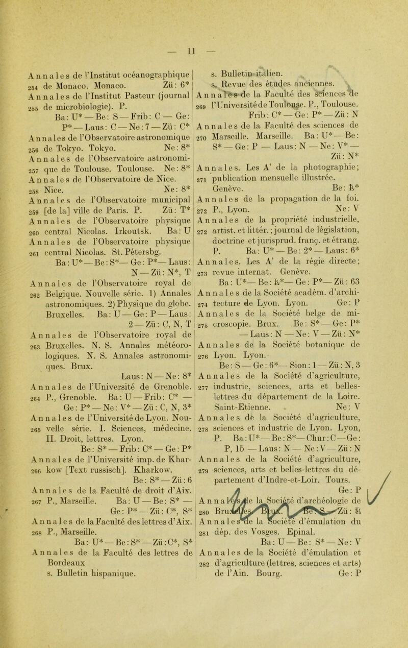 U A n n a les de l’Institut océanographique | 254 de Monaco. Monaco. Zii : 6* J Annales de l’Institut Pasteur (journal 255 de microbiologie). P. Ba : U* — Be : S — Frib : C — Ge : P* — Laus: C — Ne: 7 — Zü: C* Annales de l’Observatoire astronomique 256 de Tokyo. Tokyo. Ne: 8* Annales de l’Observatoire astronomi- 257 que de Toulouse. Toulouse. Ne: 8* Annales de l’Observatoire de Nice. 258 Nice. Ne: 8* Annales de l’Observatoire municipal 259 [de la] ville de Paris. P. Zü : T* Annales de l’Observatoire physique 260 central Nicolas. Irkoutsk. Ba: U Annales de l’Observatoire physique; 261 central Nicolas. St. Pétersbg. Ba : U*—Be : S*— Ge : P*— Laus : N —Zü: N*, T Annales de l’Observatoire royal de 262 Belgique. Nouvelle série. 1) Annales astronomiques. 2) Physique du globe. Bruxelles. Ba : U — Ge : P — Laus : 2 —Zü: C, N, T Annales de l’Observatoire royal de 263 Bruxelles. N. S. Annales météoro- logiques. N. S. Annales astronomi- ques. Brux. Laus: N —Ne: 8* Annales de l’Université de Grenoble. 264 P-, Grenoble. Ba:U—Frib: C* — Ge: P* — Ne: Y* — Zü: C, N, 3* Annales de l’Université de Lyon. Nou- 265 velle série. I. Sciences, médecine. IL Droit, lettres. Lyon. Be: S* —Frib: C* — Ge : P* Annales de l’Université imp. de Khar- 266 kow [Text russisch], Kharkow. Be : S* — Zü : 6 Annales de la Faculté de droit d’Aix. 267 P-, Marseille. Ba: U — Be: S* — Ge : P* — Zü : C*, S* Annales de la Faculté des lettres d’Aix. 268 P-, Marseille. Ba: U* — Be : S* — Zü : C*, S* Annales de la Faculté des lettres de Bordeaux s. Bulletin hispanique. s. Bulletin italien, s. Revue des études anciennes. Annales de la Faculté des sciences de 069 l’Université de Toulouse. P., Toulouse. Frib: C* —Ge: P* —Zü: N Annales de la Faculté des sciences de 270 Marseille. Marseille. Ba:U* — Be: S* — Ge : P — Laus : N — Ne : V* — Zü : N* Annales. Les A’ de la photographie; 271 publication mensuelle illustrée. Genève. Be : E* Annales de la propagation de la foi. 272 P-, Lyon. Ne:V Annales de la propriété industrielle, 272 artist. et littér. ; journal de législation, doctrine et jurisprud. franç. etétrang. P. Ba : U* — Be : 2* — Laus : 6* Annales. Les A’ de la régie directe ; 273 revue internat. Genève. Ba : U*— Be : E*— Ge : P*— Zü : 63 Annales de la Société académ. d’archi- 274 tecture de Lyon. Lyon. Ge: P Annales de la Société belge de mi- 275 croscopie. Brux. Be: S* — Ge:P* — Laus : N — Ne : V — Zü : N* Annales de la Société botanique de 276 Lyon. Lyon. Be: S— Ge:6*— Sion: 1 — Zü:N,3 Annales de la Société d’agriculture, 277 industrie, sciences, arts et belles- lettres du département de la Loire. Saint-Etienne. Ne: V Annales de la Société d’agriculture, 278 sciences et industrie de Lyon. Lyon, P. Ba:U* — Be: S*—Chur:C—Ge: P, 15 — Laus : N — Ne : Y— Zü : N Annales de la Société d’agriculture, 279 sciences, arts et belles-lettres du dé- partement d’Indre-et-Loir. Tours. Anna kepydle la Société d’archéologie de 280 Bru^fc^rBru^n,^?Ni^ Zii : ïî Annale sme la Société d’émulation du 281 dép. des Vosges. Epinal. Ba: U —Be: S* —Ne: Y Annales de la Société d’émulation et 282 d’agriculture (lettres, sciences et arts) de l’Ain. Bourg. Ge : P