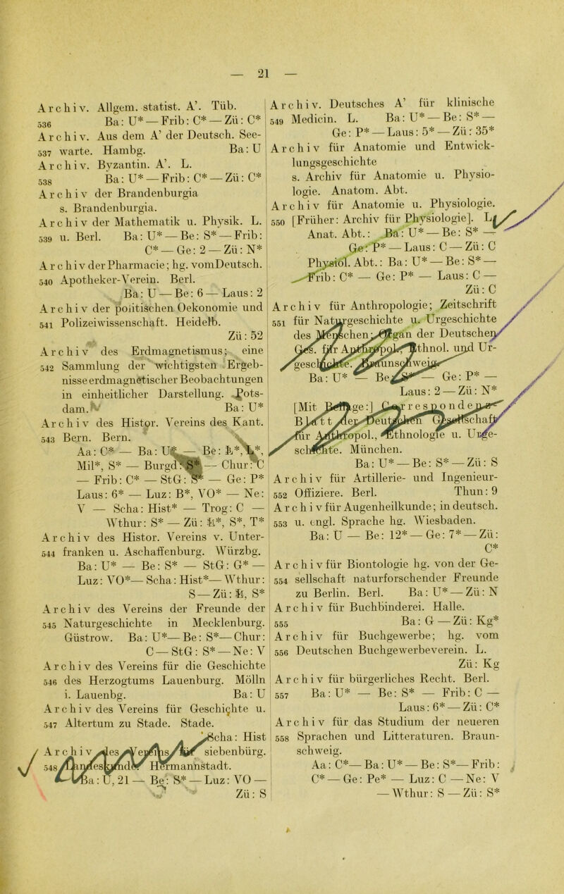 Arc hiv. Allgem. statist. A’. ïiib. 536 Ba : U* — Frib : C* — Zü : C* Arc hiv. Aus dem A’ der Deutsch. See- 537 warte. Hambg. Ba: U Archiv. Byzantin. A’. L. 538 Ba : U* — Frib : C* — Zü : C* | A r c h i v der Brandenburgia s. Brandenburgia. Archiv der Mathematik u. Physik. L. 539 u. Berl. Ba: U* — Be: S* — Frib: C* —Ge: 2 — Zü : N* Archiv der Pharmacie ; hg. vomDeutsch. 540 Apotheker-Verein. Berl. Ba : U — Be : 6 — Laus : 2 Archiv der poiitisc-hen Oekonomie und 541 Polizeiwissenschaft. Heidelb. Zü : 52 A r c h i v des Erdmagnetismus ; eine 542 Sammlung der wichtigsten Ergeb- nisse erdmagnetischer Beobachtungen in einheitlicher Darstellung. ,^ots- dam. Ba: U* Archiv des Histor. Yereins des Kant. 543 Bern. Bern. Aa: O* — Ba: Be: L* Mil*, S* — BurgdAS*i— Chur: — Frib : C* — StG : 5*= — Ge : P* Laus: 6* — Luz: B*, VO* — Ne: Y — Sclia: Hist* — Trog: C — Wthur: S* —Zü: &*, S*, T* Archiv des Histor. Vereins v. Unter- 544 franken u. Aschaffenburg. Würzbg. Ba: U* — Be: S* — StG: G* — Luz : VO*— Scha : Hist*— Wthur : S — Zü : fi, S* Archiv des Vereins der Freunde der 545 Naturgeschichte in Mecklenburg. Güstrow. Ba : U*— Be : S*— Chur : C —StG: S* —Ne: V Archiv des Vereins für die Geschichte 546 des Herzogtums Lauenburg. Môlln i. Lauenbg. Ba : U Archiv des Vereins für Gesc-hiçhte u. 547 Altertum zu Stade. Stade. . ^Scha : Hist Archiv >desjr siebenbürg. n^esjÿ/nidJr Hurmannstadt. «Ba:U,21 — Be: S* —Luz: VO — 7 Zü : S Archiv. Deutsches A’ für klinische 549 Medicin. L. Ba: U* — Be:S* — Ge : P* — Laus : 5* — Zü r 35* Archiv für Anatomie und Entwick- lungsgeschichte s. Archiv für Anatomie u. Physio- logie. Anatom. Abt. Archiv für Anatomie u. Physiologie. 550 [Friiher: Archiv für Physiologie]. L t/\ Anat. Abt, : Ba HJ* — Be : S* -T ^ G«: P* — Laus : C — Zü : C Physiol Abt. : Ba : U* — Be : S* — ^ F'rib: C* — Ge: P* — Laus: C — Zü: C Archiv für Anthropologie; Zeitschrift 551 für Naturgeschichte u. Urgeschichte des M^gBchen>Qîgan der Deutsche Ur'- Ge : P* — Laus: 2 —Zü: N* c h i v für Offiziere. 548 553 L 554 Ar 555 Ar 556 Ar 557 Ar 558 ithnolog München. Ba: U* —Be: S* —Zü: S Artillerie- und Ingenieur- Berl. Thun : 9 c h i v für Augenheilkunde ; in deutsch. u. tngl. Sprache hg. Wiesbaden. Ba: U — Be: 12* —Ge: 7* —Zü: C* c h i v für Biontologie hg. von der Ge- sellschaft naturforschender Freunde zu Berlin. Berl. Ba : U* — Zü : N chiv für Buchbinderei. Halle. Ba : G — Zü : Kg* chiv für Buchgewerbe ; hg. vom Deutschen Buehgewerbeverein. L. Zü: Kg chiv für bürgerliches Recht. Berl. Ba: U* — Be: S* — Frib: C — Laus: 6* — Zü: C* chiv für das Studium der neueren Sprachen und Litteraturen. Braun- schweig. Aa : C*— Ba : U* — Be : S*— Frib : C* — Ge: Pe* — Luz: C —Ne: V — Wthur: S —Zü: S*