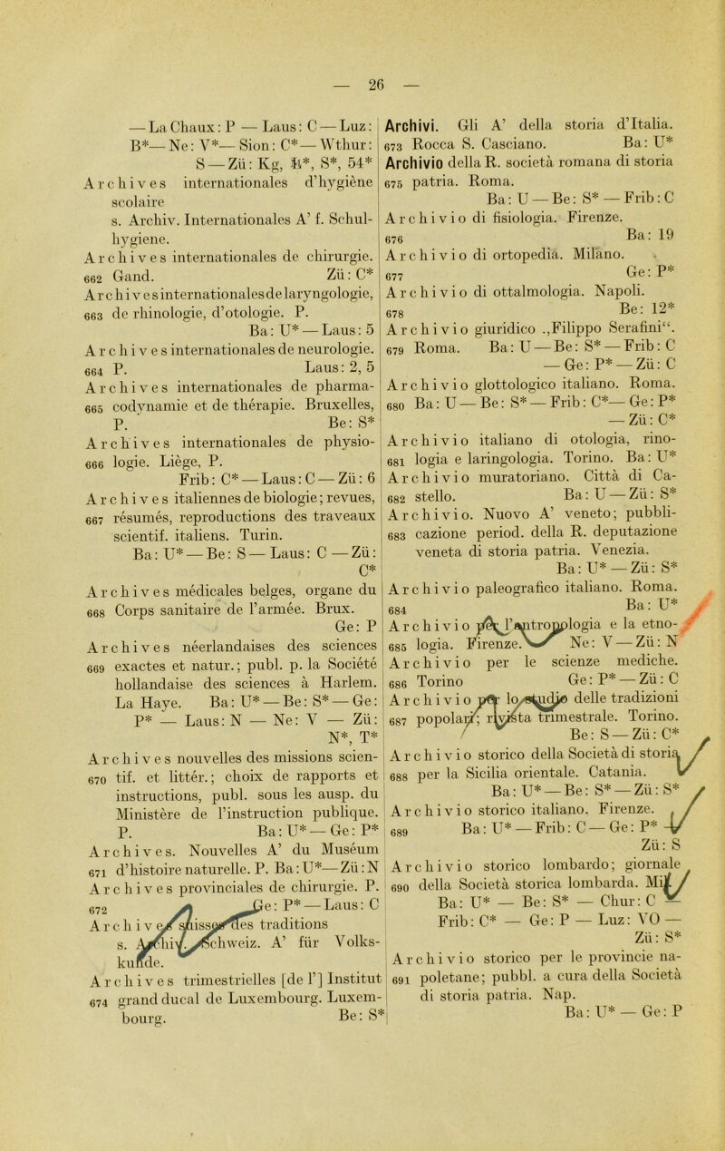 — La Chaux : P — Laus : C — Luz : B*—Ne: V*— Sion: C* — Wthur: S — Zü: Kg, K*, S*, 54* A r c h i v e s internationales cl’ hygiène scolaire s. Archiv. Internationales A’ f. Schul- hygiene. Archives internationales de chirurgie. 662 Gand. Zü : C* Archives internationales de laryngologie, 663 de rhinologie, d’otologie. P. Ba: U* — Laus: 5 Archives internationales de neurologie. 664 P- Laus : 2, 5 Archives internationales de pharma- 665 codvnamie et de thérapie. Bruxelles, P. ' Be : S* Archives internationales de physio- 666 log'ie. Liège, P. Frib : C* — Laus : C — Zü : 6 Archives italiennes de biologie ; revues, 667 résumés, reproductions des traveaux scientif. italiens. Turin. Ba:U* — Be: S—Laus: C—Zü: C* Archives médicales belges, organe du 668 Corps sanitaire de l’armée. Brux. Ge: P Archives néerlandaises des sciences 669 exactes et natur. ; publ. p. la Société hollandaise des sciences à Harlem. La Haye. Ba : U* — Be : S* — Ge : P* — Laus: N — Ne: V — Zü: N*, T* Archives nouvelles des missions scien- 670 tif. et littér. ; choix de rapports et instructions, publ. sous les ausp. du Ministère de l’instruction publique. P. Ba: U* — Ge: P* Archives. Nouvelles A’ du Muséum 671 d’histoire naturelle. P. Ba : LT*—Zü : N Archives provinciales de chirurgie. P. 672 Ge : P* — Laus : C Archiv mfsaissj^les traditions s. ^Æi'/^^chweiz. A’ für Volks- Archives trimestrielles [de 1’] Institut 674 grand ducal de Luxembourg. Luxem- bourg. S*! Archivi. Gli A’ délia storia d’Italia. 673 Rocca S. Casciano. Ba: U* Archivio délia R. società romana di storia 675 patria. Roma. Ba: U —Be: S* —Frib: C Archivio di fisiologia. Firenze. 676 Ba: Archivio di ortopedia. Milano. 677 Ge: P* Archivio di ottalmologia. Napoli. 678 Be: 12* Archivio giuridico ,,Filippo Serafini“. 679 Roma. Ba: U — Be: S* — Frib:C — Ge: P* —Zü: C Archivio glottologico italiano. Roma. 680 Ba : U — Be : S* — Frib : C*— Ge : P* — Zü: C* Archivio italiano di otologia, rino- 681 logia e laringologia. Torino. Ba:U* Archivio muratoriano. Città di Ca- 682 stello. Ba: U —Zü: S* Archivio. Nuovo A’ veneto; pubbli- 683 cazione period. délia R. deputazione veneta di storia patria. Venezia. Ba: U* —Zü: S* Archivio paleografico italiano. Roma. 684 Ba • U Archivio pA^l’ïmtronplogia e la etno- # 685 logia. Firenze\-*r Ne: Y — Zii:N Archivio per le scienze mediche. 686 Torino Ge : P* — Zü : C Archivio la^stoüe delle tradizioni 687 popolaçG rrwéta tnmestrale. Torino. Be: S —Zü: C* Archivio storico délia Società di stori 688 per la Sic-ilia orientale. Catania. Ba: U* —Be: S* —Zü: S* Archivio storico italiano. Firenze Ba: U* —Frib: C—Ge: Zü: S Archivio storico lombardo; giornale 690 délia Società storica lombarda. Milt/ Ba: U* — Be: S* — Chur: C Frib: C* — Ge: P — Luz: YO — Zü : S* Archivio storico per le provincie na- 691 poletane; pubbl. a cura délia Società di storia patria. Nap. Ba: U* — Ge: P / 689 ;* %/ — Zü: S* / renze. . / le: P* -v