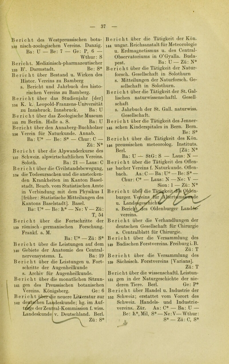 Bericht des Westpreussischen bota- 132 nisck-zoologischen Vereins. Danzig. Ba: U — Be: 7 — Ge: P, 6 — Wthur: S Bericht. Medizinisch-pharmazeutischer 133 B’. Darmstadt. Be: S* Bericht liber Bestand u. Wirken des Histor. Vereins zu Bamberg s. Bericht und Jahrbuch des histo- rischen Vereins zu Bamberg. Bericht liber das Studienjahr [der] 134 K. k. Leopold-Franzens-Unrversitât zu Innsbruck. Innsbruck. Ba: U Bericht iiber das Zoologische Muséum 135 zu Berlin. Halle a. S. Ba: U Bericht über den Annaberg-Buchholzer 136 Verein fiir Naturkunde. Annab. Ba: U* — Be: S* — Chur: C — Zü: N* Bericht über die Alpwanderkurse des 137 Schweiz. alpwirtschaftlichen Vereins. Soloth. Ba: 21 — Laus: C Bericht iiber die Civilstandsbewegung, 138 die Todesursachen und die anstecken- den Krankheiten im Kanton Basel- stadt. Bearb. vom Statistischen Amte in Verbindung mit dem Physikus I [friiher : Statistische Mitteilungen des Kantons Baselstadt]. Basel. Ba-: U* — Be : B* — Ne : V — Zü : T, 54 Bericht liber die Fortschritte der 139 rômisch - germanischen Forschung. Frankf. a. M. Ba:U* — Zü: S* Bericht über die Leistungen auf dem 140 Gebiete der Anatomie des Central- nervensystems. L. Ba: 19 Bericht über die Leistungen u. Fort- schritte der Augenheilkunde s. Archiv fiir Augenheilkunde. Bericht über die monatlichen Sitzun- 141 gen des Preussischen botanischen Vereins. Kônigsberg. Ge: 6 B e r i c h t über die neuere Litteratur zur 142 dejïtgmien Landeskunde; hg. im Auf- tv*Qe der Zentral-Kommission f. wiss. Landeskundef v. Deutschland. Berl. Zü: S* Bericht über die Tatigkeit der Klin. 144 ungar. Reichsanstalt fiir Météorologie u. Erdmagnetismus u. des Central- Observatoriums in O’Gyalla. Buda- pest. Ba: U— Zü: N* Bericht iiber die Tatigkeit der Natur- forsch. Gesellschaft in Solothurn s. Mitteilungen der Naturforsch. Ge- sellschaft in Solothurn. Bericht über die Tatigkeit der St. Gal- lischen naturwissenschaftl. Gesell- schaft s. Jahrbuch der St. Gall. naturwiss. Gesellschaft. Bericht über die Tatigkeit des Jenner- 145 schen Kinderspitales in Bern. Bern. Be: S* Bericht über die Tatigkeit des Klin. 146 preussischen meteorolog. Instituts. Berl. [Zü: N* Ba: U — StG: S — Laus: N — Bericht über die Tatigkeit des OfEen- 147 bâcher Vereins f. Naturkunde. Ofïen- bach. Aa:C — Ba:U*—Be:S*— Chur: C* — Laus: N —Ne: V — Sion: 1 — Zü: N* die TatigkeiG Bericht übe burger. Vereins für . Alterti u. Landesgesc.hichw<^ ^ s. Bericht^es Oldenburger Landes^ vereins. Bericht über die Verhandlungen der deutschen Gesellschaft für Chirurgie s. Centralblatt für Chirurgie. Bericht über die Versammlung des 149 Badischen Forstvereins. Freiburg i. B. Zü: T Bericht über die Versammlung des 159 Sachsisch. Forstvereins [Varians]. Zü: T Bericht über die wissenschaftl. Leistun- 151 gen in der Naturgeschichte der nie- deren Tiere. Berl. Ge: P* Bericht über Handel u. Industrie der 152 Schweiz; erstattet vom Vorort des Schweiz. Handels- und Industrie- vereins. Zür. Aa: C* — Ba: U — Be: L*, Mil, S* — Ne : V—Wthur : S* — Zü: C, S*