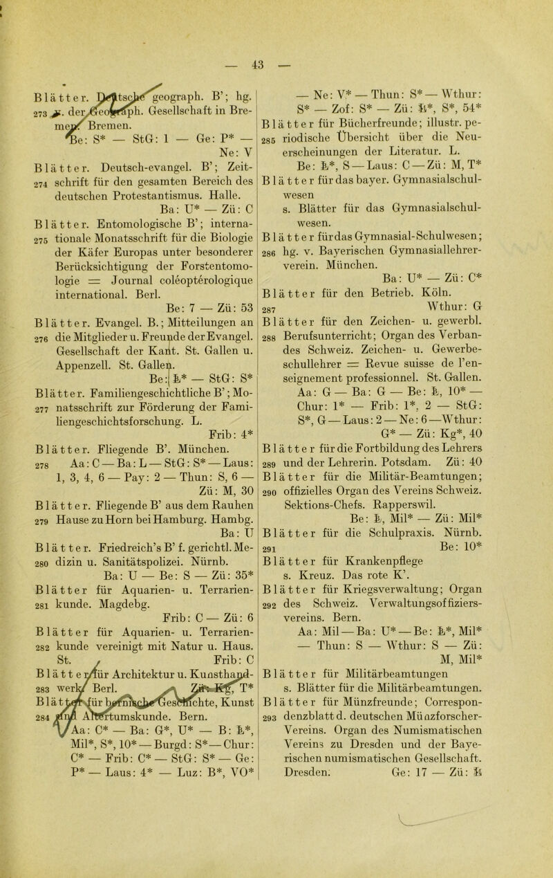 I 43 B1 à11er. Ttytacjpe.\geograph. B’; hg. •273 >T. der/6feoyrffph. Gesellschaft in Bre- mevS Bremen. ^e: S* — StG: 1 — Ge: P* — Ne: V B la tter. Deutsch-evangel. B’; Zeit- 274 schrift für den gesamten Bereich des deutschen Protestantismus. Halle. Ba: U* — Zü: C Blàtter. Entomologisclie B’ ; interna- 275 tionale Monatsschrift für die Biologie der Kafer Europas unter besonderer Berücksichtigung der Forstentomo- logie = Journal coléoptérologique international. Berl. Be: 7 — Zü: 53 Blàtter. Evangel. B. ; Mitteilungen an 276 die Mitglieder u. Freunde der Evangel. Gesellschaft der Kaht. St. Galien u. Appenzell. St. Galien. Be: E* — StG: S* B1 â 11 e r. Familiengeschichtliclie B’ ; Mo- 277 natsschrift zur Fërderung der Fami- liengeschichtsforscbung. L. Frib: 4* Blàtter. Fliegende B’. München. 278 Aa:C —Ba:L — StG: S* — Laus: 1, 3, 4, 6 — Pay: 2 — Thun: S, 6 — Zü: M, 30 Blàtter. Fliegende B’ aus dem Raulien 279 Hause zu Horn bei Hamburg. Hambg. Ba: U Blàtter. Friedreich’s B’ f. gerichtl. Me- 280 dizin u. Sanitàtspolizei. Nürnb. Ba: U — Be: S — Zü: 35* Blàtter für Aquarien- u. Terrarien- 281 kunde. Magdebg. Frib: C — Zü: 6 Blàtter für Aquarien- u. Terrarien- 282 kunde vereinigt mit Natur u. Haus. St. . Frib: C B1 à 11 e mür Architektur u. Kunsthjmd- werk/ Berl. K^T* 283 Blâtl 284 Kunst Irtumskunde. Bern. Aa: C* — Ba: G*, U* — B: E*, Mil*, S*, 10* — Burgd: S*—Chur: C* — Frib: C* — StG: S* — Ge: P* — Laus: 4* — Luz: B*, VO* — Ne: V* — Thun: S* — Wthur: S* — Zof: S* — Zü: Ë*, S*, 54* Blàtter für Bücherfreunde; illustr. pe- 285 riodische Übersicht über die Neu- erscheinungen der Literatur. L. Be: E*, S —Laus: C —Zü: M, T* B1 à 11 e r für das bayer. Gymnasialschul- wesen s. Blàtter für das Gymnasialschul- wesen. Blàtter für das Gymnasial- Schulwesen ; 286 hg. v. Bayerischen Gymnasiallehrer- verein. München. Ba: U* — Zü: C* Blàtter für den Betrieb. Kôln. 287 Wthur: G Blàtter für den Zeichen- u. gewerbl. 288 Berufsunterricht ; Organ des Verban- des Schweiz. Zeichen- u. Gewerbe- schullehrer = Revue suisse de l’en- seignement professionnel. St. G-allen. Aa: G — Ba: G — Be: E, 10* — Chur: 1* — Frib: 1*. 2 — StG: S*, G — Laus: 2 — Ne: 6—Wthur: G* — Zü : Kg*, 40 Blàtter für die Fortbildung des Lehrers 289 und der Lehrerin. Potsdam. Zü : 40 Blàtter für die Militàr-Beamtungen; 290 offizielles Organ des Vereins Schweiz. Sektions-Chefs. Rapperswil. Be: E, Mil* — Zü: Mil* Blàtter für die Schulpraxis. Nürnb. 291 Be: 10* Blàtter für Krankenpflege s. Kreuz. Das rote K’. Blàtter für Kriegsverwaltung ; Organ 292 des Schweiz. Yerwaltungsoffiziers- vereins. Bern. Aa: Mil — Ba: U* — Be: E*, Mil* — Thun: S — Wthur: S — Zü: M, Mil* Blàtter für Militàrbeamtungen s. Blàtter für die Militàrbeamtungen. Blàtter für Münzfreunde; Correspon- 293 denzblattd. deutschen Münzforseher- Vereins. Organ des Numismatischen Vereins zu Dresden und der Baye- rischen numismatischen Gesellschaft. Dresden. Ge: 17 — Zü: ït