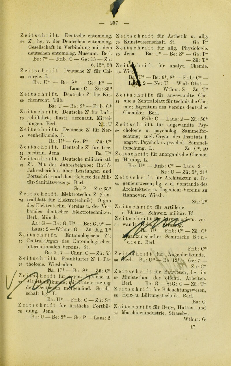 f 257 — Zeitschrift. Deutsche entomolog. 67 Z’; hg. v. der Deutschen entomolog. Gesellschaft in Verbindung mit dem deutschen entomolog. Muséum. Berl. Be: 7* — Frib: C — Ge: 13 —Zii: 6, 15*, 53 Zeitschrift. Deutsche Z’ für Chi- 68 rurgie. L. Ba: U* — Be: S* — Ge: P* — Laus : C — Zii : 35* Zeitschrift. Deutsche Z’ für Kir- 69 ehenrecht. Tiib. Ba: U —Be: S* — Frib: C* Zeitschrift. Deutsche Z’ für Luft- 70 schiffahrt; illustr. aeronaut. Mittei- lungen. Berl. Z'A: T Zeitschrift. Deutsche Z’ für Ner- 71 venheilkunde. L. Ba: U* —Ge: P* —Zii: C* Zeitschrift. Deutsche Z’ für Tier- 72 medizin. Jena. Ba: U* Zeitschrift. Deutsche militaràrztl. 73 Z’. Mit der Jahresbeigabe: Roth’s Jahresberichte über Leistungen und Fortschritte auf dem Gebiete des Mili- tàr-Sanitàtswesens. Berl. Ge: P —Zü: 35* Zeitschrift. Elektrotechn. Z’ (Cen- 74 tralblatt für Elektrotechnik) ; Organ des Elektrotechn. Yereins u. des Ver- bandes deutscher Elektrotechniker. Berl., Münch. Aa: G —Ba: G, U* —Be: G, 9* — Laus: 2 —YVthur: G — Zü: Kg, T* Zeitschrift. Entomologische Z’; 75 Central-Organ des Entomologischen internationalen Vereins. St. Be : E, 7 — Chur : C — Zü : 53 Zeitschrift. Frankfurter Z’ f. Pa- thologie. Wiesbaden. Ba: 17* —Be: S* —Zü: C* ïache u. nterstiitzung ^enland. Gesell- 76 schaft hg. L Ba: U*- Zeitschrift für 78 dung. Jena. Ba : U — Be : 8* — Ge : P — Laus : 2 Frib: C —Zü: S* àrztliehe Fortbil- Zeitschrift für Âsthetik u. allg. 79 Kunstwissenschaft. St. Ge: P* Zeitschrift für allg. Physiologie. Jena. Ba:U* — Be: S* — Ge: P* — Zü: T* analyt. Chemie. h r i f t für Be; 6*, 8* —Frib: C* — Ne : U — Wad : Obst — Wthur: S —Zü: T* Zeitschrift für angewandte Che- 81 mie u. Zentralblatt für technische Che- mie; Eigentum des Vereins deutscher Chemiker. Berl. Frib : C — Laus : 2 — Zü : 56* Zeitschrift für angewandte Psy- 82 chologie u. psycholog. Sammelfor- schung; zugl. Organ des Instituts f. angew. Psychol. u. psychol. Sammel- forschung. L. Zü:C*, 40 Zeitschrift für anorganische Chemie. 83 Hambg, L. Ba: U* — Frib: C* — Laus: 2 — Ne: U — Zü: 5*, 31* Zeitschrift für Architektur u. In- 84 genieurwesen; hg. v. d. Vorstande des Architekten- u. Ingénieur-Vereins zu Hannover. Wiesb. Zü: T* Zeitschrift für Artillerie s. Blàtter. Schweiz. militàr. B’. Zeitschrif wandt — Frib: C* —Zü: C* _ ïzungshefte : Semitische S t u - d i e n. Berl. Frib : C* Z e iC^ h r i f t für Augenheilkunde. 86 «erl. Ba:U* —Be: 12* —Ge: 7 — Zü : C* Zeitschrift für Bauwesen; hg. im 87 Ministerium der offentl. Arbeiten. Berl. Be: G—StG: G —Zü: T* Zeitschrift für Beleuchtungswesen, 88 Heiz- u. Lüftungstechnik. Berl. Ba: G Zeitschrift für Berg-, Hütten- und 89 Maschinenindustrie. Strassbg. Wthur: G 85 ver- 17