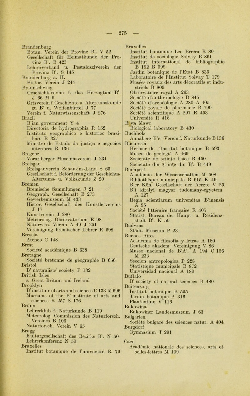 Brandenburg Botan. Verein der Provinz B’. V 52 Gesellschaft für Heimatkunde der Pro- vinz B’. B 423 Lehrerverband u. Pestalozziverein der Provinz B’. S 145 Brandenburg a. H. Histor. Verein J 244 Braunschweig Geschichtsverein f. das Herzogtum B’. J 66 M 9 Ortsverein f.Geschichte u. Altertumskunde zu B’ u. Wolfenbüttel J 77 Verein f. Naturwissenschaft J 276 Brazil B’ian government Y 4 Directoria de hydrographia R 152 Instituto geographico e historico brazi- leiro R 327 Ministre de Est ado da justiça e negocios interiores R 136 Bregenz Vorarlberger Museumsverein J 231 Breisgau Breisgauverein Schau-ins-Land S 65 Gesellschaft f. Befôrderung der Geschichts- Altertunxs- u. Volkskunde Z 20 Bremen Bremische Sammlungen J 21 Geograph. Gesellschaft B 273 Gewerbemuseum M 433 Histor. Gesellschaft des Künstlervereins J 17 Kunstverein J 280 Meteorolog. Observatorium E 98 Naturwiss. Verein A 49 J 251 Vereinigung bremischer Lehrer R 598 Brescia Ateneo C 148 Brest Société académique B 638 Bretagne Société bretonne de géographie B 656 Bristol B’ naturalists’ society P 132 British Isles s. Great Britain and Ireland Brooklyn B' institute of arts and sciences C 133 M 696 Muséums of the B’ institute of arts and sciences R 257 S 176 Brünn Lehrerklub f. Naturkunde B 119 Meteorolog. Commission des Naturforsch. Vereines B 106 Naturforsch. Verein V 65 Brugg Kulturgesellschaft des Bezirks B’. N 50 Lehrerkonferenz N 50 Bruxelles Institut botanique de l’université R 79 Bruxelles Institut botanique Léo Errera R 80 Institut de sociologie Solvay B 861 Institut international de bibliographie B 192 B 599 Jardin botanique de l’Etat B 835 Laboratoire de l’Institut Solvay T 179 Musées royaux des arts décoratifs et indu- striels B 809 Observatoire royal A 263 Société d’anthropologie B 845 Société d’archéologie A 280 A 405 Société royale de pharmacie B 790 Société scientifique A 297 R 453 Université R 416 B: yn Mawr Biological laboratory B 430 Buchholz Annaberg-B’er-Vereinf. Naturkunde B 136 Bucuresci Herbier de l’Institut botanique B 593 Museu de geologià A 469 Societate de stiinte fisice B 450 ■) i Societate din stiinte clin B’. B 449 Budapest Akademie der Wissenschaften M 508 Bibliothèque municipale B 615 K 49 B’er Kôn. Gesellschaft der Aerzte V 25 B’i kiralyi magyar tudomany-egyetem A 127 Regia scientiarum universitas B’inensis A 95 Société littéraire française R 405 Statist. Bureau der Haupt- u. Residenz- stadt B’. K 50 Budweis Stadt. Muséum P 231 Buenos Aires Academia de filosofia y letras A 180 Deutsche akadem. Vereinigung V 86 Museo nacional de B’A’. A 194 C 156 M 233 Seccion antropologica P 228 Statistique municipale B 872 Universidad nacional A 180 Buffalo B’ society of natural sciences B 480 Buitenzorg Institut botanique B 595 Jardin botanique A 316 Plantentuin V 116 Bukowina Bukowiner Landesmuseum J 63 Bulgarien Société bulgare des sciences natur. A 404 Burgdorf Gymnasium J 291 Caen Académie nationale des sciences, arts et belles-lettres M 109