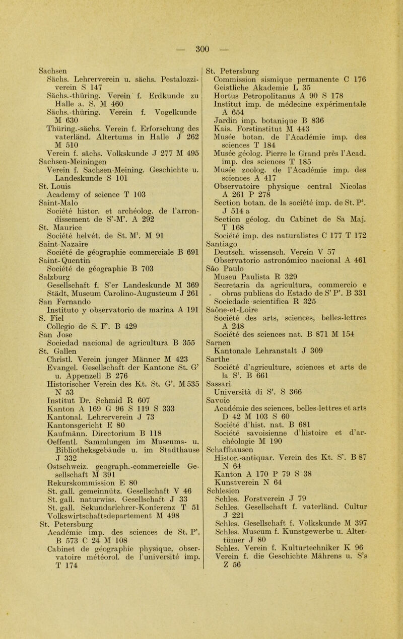 Sachsen Sachs. Lehrerverein u. sâchs. Pestalozzi- verein S 147 Sachs.-thüring. Verein f. Erdkunde zu Halle a. S. M 460 Sachs.-thüring. Verein f. Vogelkunde M 630 Thüring.-sâchs. Verein f. Erforschung des vaterlând. Altertums in Halle J 262 M 510 Verein f. sâchs. Volkskunde J 277 M 495 Sachsen-Meiningen Verein f. Sachsen-Meining. Geschichte u. Landeskunde S 101 St. Louis Academy of science T 103 Saint-Malo Société histor. et archéolog. de l’arron- dissement de S’-M’. A 292 St. Maurice Société helvét. de St. M’. M 91 Saint-Nazaire Société de géographie commerciale B 691 Saint- Quentin Société de géographie B 703 Salzburg Gesellschaft f. S’er Landeskunde M 369 Stâdt, Muséum Carolino-Augusteum J 261 San Fernando Instituto y observatorio de marina A 191 S. Fiel Collegio de S. F’. B 429 San José Sociedad nacional de agricultura B 355 St. Galien Christl. Verein junger Mânner M 423 Evangel. Gesellschaft der Kantone St. G’ u. Appenzell B 276 Historischer Verein des Kt. St. G’. M535 N 53 Institut Dr. Schmid R 607 Kanton A 169 G 96 S 119 S 333 Kantonal. Lehrerverein J 73 Kantonsgericht E 80 Kaufmânn. Directorium B 118 Oeffentl. Sammlungen im Muséums- u. Bibliotheksgebâude u. im Stadthause J 332 Ostschweiz. geograph.-commercielle Ge- sellschaft M 391 Rekurskommission E 80 St. gall. gemeinniitz. Gesellschaft V 46 St. gall. naturwiss. Gesellschaft J 33 St. gall. Sekundarlehrer-Konferenz T 51 Volkswirtschaftsdepartement M 498 St. Petersburg Académie imp. des sciences de St. P’. B 573 C 24 M 108 Cabinet de géographie physique, obser- vatoire météorol. de l'université imp. T 174 St. Petersburg Commission sismique permanente C 176 Geistliche Akademie L 35 Hortus Petropolitanus A 90 S 178 Institut imp. de médecine expérimentale A 654 Jardin imp. botanique B 836 Kais. Forstinstitut M 443 Musée botan. de l’Académie imp. des sciences T 184 Musée géolog. Pierre le Grand près l’Acad. imp. des sciences T 185 Musée zoolog. de l’Académie imp. des sciences A 417 Observatoire physique central Nicolas A 261 P 278 Section botan. de la société imp. de St. P’. J 514 a Section géolog. du Cabinet de Sa Maj. T 168 Société imp. des naturalistes C 177 T 172 Santiago Deutsch. wissensch. Verein V 57 Observatorio astronômico nacional A 461 Sâo Paulo Museu Paulista R 329 Secretaria da agricultura, commercio e obras publicas do Estado de S’ P’. B 331 Sociedade scientifica R 325 Saône-et-Loire Société des arts, sciences, belles-lettres A 248 Société des sciences nat. B 871 M 154 Sarnen Ivantonale Lehranstalt J 309 Sarthe Société d’agriculture, sciences et arts de la S’. B 661 Sassari Università di S’. S 366 Savoie Académie des sciences, belles-lettres et arts D 42 M 103 S 60 Société d’hist. nat. B 681 Société savoisienne d’histoire et d’ar- chéologie M 190 Schaffhausen Histor.-antiquar. Verein des Ivt. S’. B 87 N 64 Kanton A 170 P 79 S 38 Kunstverein N 64 Schlesien Schles. Forstverein J 79 Schles. Gesellschaft f. vaterlând. Cultur J 221 Schles. Gesellschaft f. Volkskunde M 397 Schles. Muséum f. Kunstgewerbe u. Alter- tümer J 80 Schles. Verein f. Kulturtechniker K 96 Verein f. die Geschichte Mâhrens u. S’s Z 56