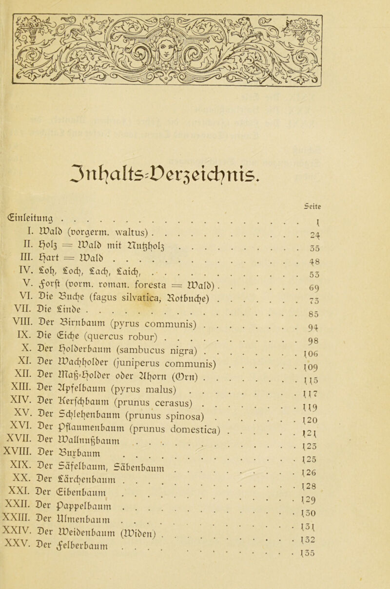 3nfyalts=üer3etcbrtts. (Einleitung I. EDalb (corgerm. waltus) II. i)ol3 = XPalb mit Hubfyols . . . . III. part = XDalb IV. £ofy £od], £acfy, £aidy . • V. ^orft (norm, roman. foresta = XDalb) . VI. Die Bud^e (fagus silvatica, Botbucfye) . VII. Pie £irtbe VIII. Per Birnbaum (pyrus communis) . IX. Pie (Eicbe (quercus robur) X. Per Bolberbaunt (sambucus nigra) . XI. Per IDacfyfyolber (juniperus communis) XII. Per IITag^oIber ober 2If?orn (0rn) XIII. Per Apfelbaum (pyrus malus) . XIV. Per Kerfcfybaum (prunus cerasus) . XV. Per Sdjlet]enbaum (prunus spinosa) . XVI. Per Pflaumenbaum (prunus domestica) XVII. Per XPallnugbaum ...... XVIII. Per Bupbaum XIX. Per Säfelbaum, Säbenbaum XX. Per £ärcbeubaum . . XXI. Per (Eibenbaum XXII. Per pappelbaum XXIII. Per Ulmenbaum XXIV. Per XPetbeubaum (Xüiben) XXV. Per ^elberbaum .... Seite ( . 2\ 55 . ^8 . 55 . 69 . 75 85 . 94 . 98 • (06 • (09 • U5 • u 7 • U9 . (20 • (2t . (25 ■ (25 • (26 . (28 • (29 • (50 • (3( • (52 • (55