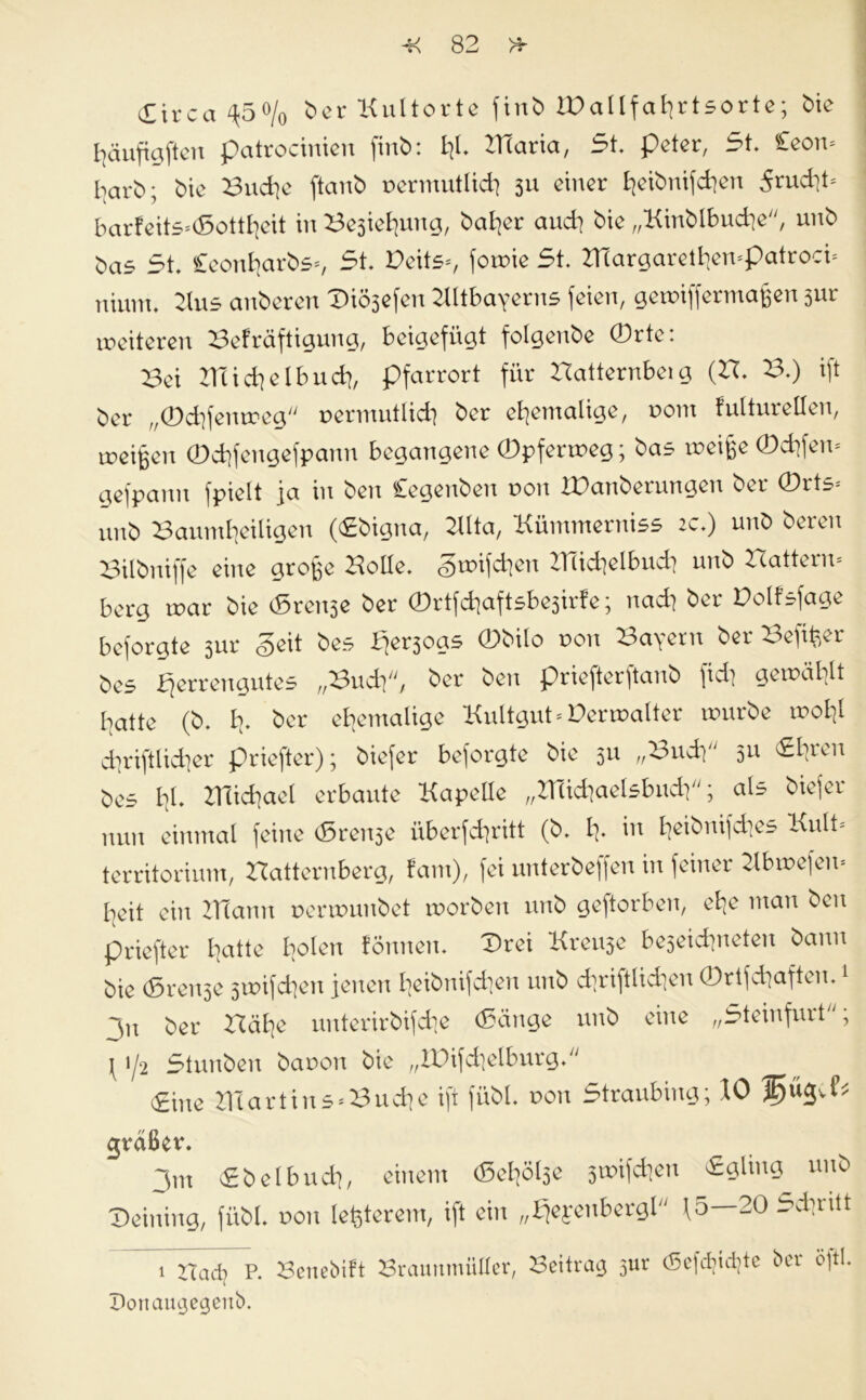 Circa ^5% ber Kultorte finb XDallfafirtsorte; bie fyäufigften patrocinien finb: fy. ZHaria, 5t. peter, 5t. £eom I-;arb; bie Budje ftanb permutlid} 3U einer k}eibnifd)en 5rud>ü barfeits*d5ottfyeit in Be3iefyung, halber aud] bie „Kinblbucfye, unb bas 5t. Ceonfyarbs*, 5t. Deiks*, fowie 5t. ZTCargaretfyewpatroci* niunt. Kus anberen Dürfen Kitbayerns feien, gewiffermaßen 3ur weiteren Bekräftigung, beigefügt folgenbe 0rte: Bei ITCidielbudi, pfarrort für Batternbeig (B. B.) ift ber „0d}fenweg uermutlid] ber ehemalige, rom kulturellen, weißen 0d)fengefpann begangene 0pferweg; bas weiße 0cbfew gefpanu fpielt ja in ben Cegenben r»on Xüanberungen ber 0rts* unb Baumlieiligen (Cbigna, Kita, Kümmerniss 2c.) unb bereit Bilbniffe eine große Bolle. §wifd]en BTid]elbud? unb Battern* berg war bie törenje ber 0rtfd]aftsbe3irke; nad} ber Dolksfage beforgte sur Seit bes Sje^ogs 0bilo oon Bayern ber Befxfeer bes ^errengutes „Budp, ber ben priefterftanb fid| gewählt l^atte (b. I]. ber ehemalige Kultgut Verwalter würbe wob(l d]riftlid]er priefter); biefer beforgte bie 311 „Budp 3U ^rcn bes bl. Büdjael erbaute Kapelle „Hticfyaelsbudp; als biefer nun einmal feine <Sren3e überfdjritt (b. fy. in fyeibnifdies Kult* territorium, Batternberg, kam), fei unterbeffen in feiner Kbwefen* fyeit ein DTann perwunbet worben unb geftorben, efye man ben priefter loatte Idolen können. Drei Irrere be3eid]neten bann bie (Sren3e 5wifdjen jenen fyeibnifcfyen unb d]riftlid}en 0rtfd;aften.1 3n ber Bäfye unterirbifdie (Sänge unb eine „5teinfurt; \ x/2 5tunben bauon bie „IPifdielburg. Cine ZKartins*Bud?e ift fübl. pou 5traubing; 10 1E>“3V^ gväßer. 3m Cbelbud], einem (Sel^ö^e 3wifd]en Cgling unb Deining, fübl. non teuerem, ift ein „fjeyenbergl \5—20 5*ritt 1 ZTacfy P. Benebikt Braunmüller, Beitrag 3m Ccfdmtte bei öjtl. Donaugegenb.