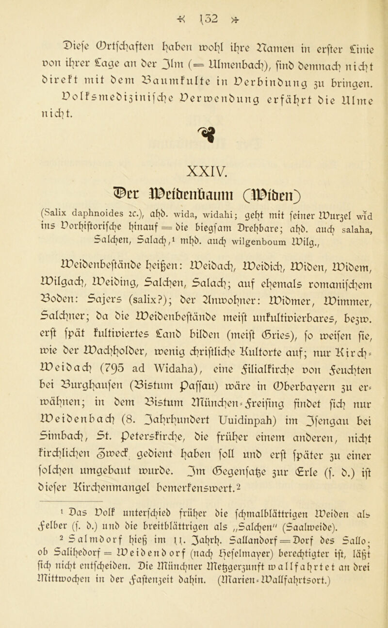 Piefc ©rtfdiaftcn haben u>ot)l il^re «amen in erfter Cinie non ifjrer Sage an bei- jlin (= Ulmenbad)), finö bemnadi nid« bireft mit bem «auminlte in «erbinbung 511 bringen. «cifjntebijinifdie Idennenbnng erfährt bie Ulme nid]t. XXIV. ©er lPdinmtiaum ('tOtbenj (Salix daphnoides 2C.), al]b. wida, widahi; gef?t mit feiner XDu^et wid ins Porfpftorifäe hinauf = bie biegfam Drehbare; af?b. auch salaha, Salden, Salach,1 m^b. and? wilgenboum IDilg., XPeibenbeftänbe feigen: XPeibad], XPeibidp XPiben, XPibem, XPilgadp XPeibing, Saldien, Salad}; auf ehemals romantfdiem Boben: Sajers (salix?); ber Knmoltuer: XPibmer, XPimmer, Saldiner; ba bie XPeibenbeftänbe meift unfultitnerbares, bc3it>. erft fpät fultimertes Canb bilben (meift (Sries), fo meifen fie, tr>ie ber XPad^olber, menig d}riftlid?e Kultorte auf; nur Kird]* XPeibad] (?95 ad Widaha), eine 5ilialfird}e non Renditen bei Burgfyaufen (Bistum pajjau) märe in (Dberbayern 311 er* mahnen; in bem Bistum BTüncfyen* Reifing finbet jidf nur XPeibenbad? (8. Jal^rbunbert Uuidinpah) im 3fcngau bei Simbadj, 5t. petersfird]e, bie früher einem anbereit, nid?t fird]Iid]en <§mecf gebient I^aben fall unb erft fpäter 311 einer foldien umgebaut mürbe. 3m (Segenfage 3itr <£rle (f. b.) ift biefer Kircfyertmangel bemerfensmert.2 1 Das Pol? uuterjdpeb früher bie fdjtnalblättrigen IDeibeu als gelber (f. b.) unb bie breitblättrigen als „Saldiert (Saalmeibe). 2 Salmborf bieg im 3ahrtp Sattanborf = Dorf bcs Salto, ob Saltheborf = IDeibenborf (ttadj Xicfclmayer) berechtigter ift, lägt fid? uidd entfeheiben. Die XTtünchner XITetjge^unft m allfahrt et an brei tnittmochen in ber ^afie^eit bal|in. (Xltarien*XDattfahrtsort.)