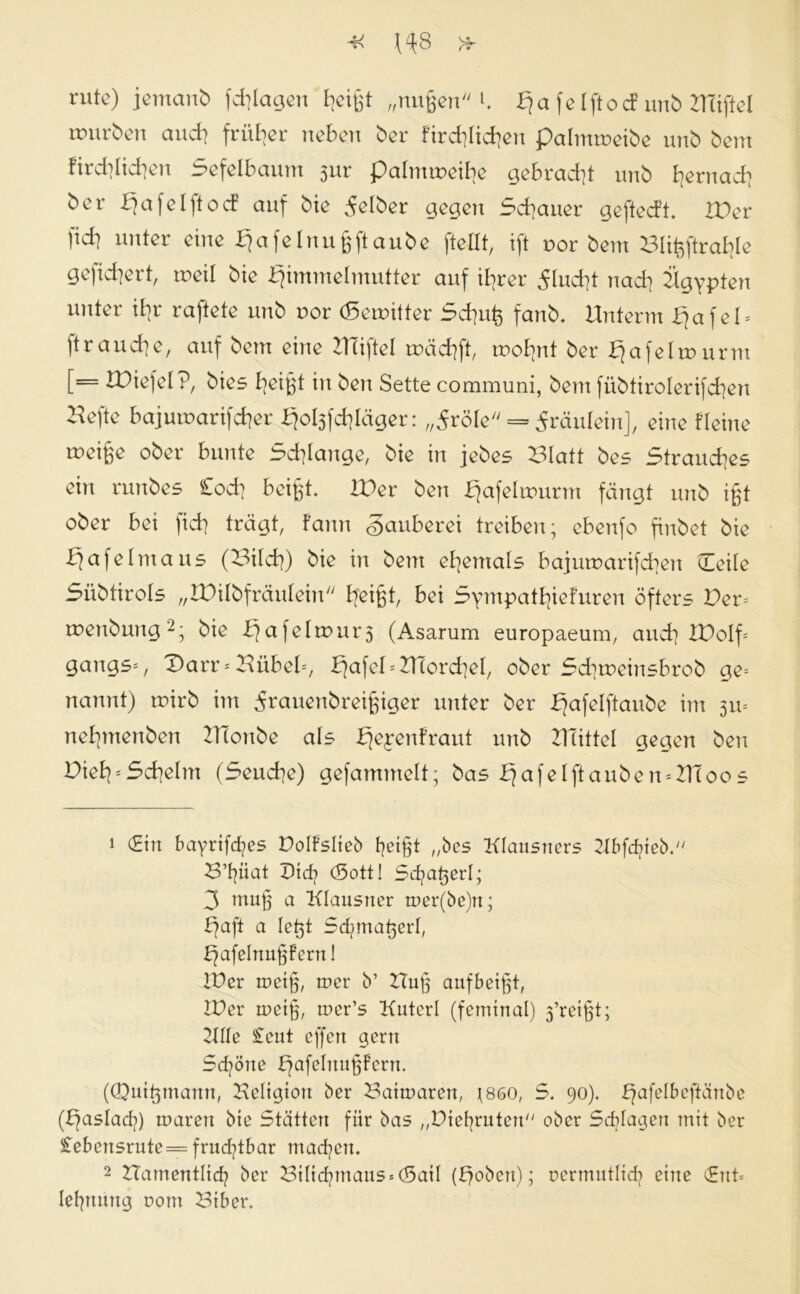 rute) jemanb plagen ^eißt „nußenb Qa feIftocF unb rrtiftel würben and] früher neben ber fird]Iid]en palmweibe unb bem fird]lid]en Sefelbaum jur palmweibe gebracht nnb t]ernad] ber bjafelftod auf bie gelber gegen Schauer geftedt. It)er fid] unter eine fjafelrmßftaube ftellt, ift oor bem Blißftrafye gefiebert, weil bie bjimmetmutter auf il]rer 5tud]t nad] Ägypten unter ifyr raftete unb r>or (Sewifter Scf]uß fanb. Unterm £jafei* ftraud]e, auf bem eine Uliftel wäd]ft, wofynt ber fjafelwurm [= U)iefel?, bies I?eißt in ben Sette communi, bem fübtirolerifdjen Uefte bajuwarifd]er fjolsfdjläger: „5röle = Fräulein], eine Heine weige ober bunte Schlange, bie in jebes Blatt bes Strauches ein runbes £od] beißt. Wer ben bjafetwurm fängt unb ißt ober bei fid] trägt, fann Zauberei treiben; ebenfo ftnbet bie b}afelmaus (Bild]) bie in bem ehemals bajuwarifcfyen (Leite Sübtirols „UKIbfräutein t?eigt, bei Sympatfyefuren öfters Per= wenbung1 2; bie b]afelwur3 (Asarum europaeum, and] U)oIf= gangs=, T)arr * Uübel-, b]afel = UTorcfyel, ober Scfyweinsbrob ge; nannt) wirb im 5rauenbreißiger unter ber fjafelftaube im 511= netpnenben 2Tionbe als fjeyenfraut unb Ulittel gegen ben Diet] = 5d]elm (5eud]e) gefammelt; bas 2}afeIftauben*2tToos 1 (Ein bayrifrfpes Polfslieb fyeißt „bes Klausners 2lbfd?teb. B’ßüat Uid] (Sott! Scfyaßerl; 3 muß a Klausner mer(be)n; t)aft a Ießt Sdpnaßert, L]afelnußfern! 20er meiß, mer b’ Huß aufbeißt, IPer weiß, mer’s Kutcrl (feminal) 3’retßt; 2Ule £eut effert gern 5d]öue fjafelitußfern. (Quißtnaun, Betigion ber Baiwaren, \860, 5. 90). £?afelbeftänbe (b]asladj) mären bie Stätten für bas „Pteßruten ober Schlagen mit ber £ebensrute = fruchtbar machen. 2 Uamentlid] ber Btlid]inaus = (3ail (ßobett); ncrtnutlid] eine (£nt= leßnung com Biber.