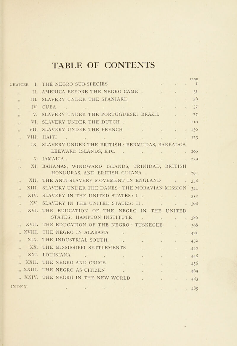 TABLE OF CONTENTS Chapter I. 55 II. 55 III. 55 IV. 55 V. 55 VI. 55 VII. 55 VIII. 55 IX. 55 X. 55 XI. 55 XII. 55 XIII. 55 XIV. 55 XV. 55 XVI. 55 55 XVII. XVIII. 55 XIX. 55 XX. XXI. 5) XXII. 5? 55 XXIII. XXIV. PAGE THE NEGRO SUB-SPECIES . . . . . i AMERICA BEFORE THE NEGRO CAME . . . . 31 SLAVERY UNDER THE SPANIARD . . . . 36 CUBA . . . . . ... 57 SLAVERY UNDER THE PORTUGUESE: BRAZIL . . 77 SLAVERY UNDER THE DUTCH . . . . no SLAVERY UNDER THE FRENCH . . . . 130 HAITI . . . . . ... 173 SLAVERY UNDER THE BRITISH : BERMUDAS, BARBADOS, LEEWARD ISLANDS, ETC. . . . . 206 JAMAICA . . . . . ... 239 BAHAMAS, WINDWARD ISLANDS, TRINIDAD, BRITISH HONDURAS, AND BRITISH GUIANA . . . 294 THE ANTI-SLAVERY MOVEMENT IN ENGLAND . . 338 SLAVERY UNDER THE DANES: THE MORAVIAN MISSION 344 SLAVERY IN THE UNITED STATES: I . . . . SLAVERY IN THE UNITED STATES: II. . . THE EDUCATION OF THE NEGRO IN THE UNITED STATES: HAMPTON INSTITUTE THE EDUCATION OF THE NEGRO: TUSKEGEE THE NEGRO IN ALABAMA . . . . THE INDUSTRIAL SOUTH .... THE MISSISSIPPI SETTLEMENTS 3 52 368 386 393 421 432 440 LOUISIANA . . . . ... 448 THE NEGRO AND CRIME . . . . . 456 THE NEGRO AS CITIZEN . . . . . 469 THE NEGRO IN THE NEW WORLD . . . . 483 INDEX 485