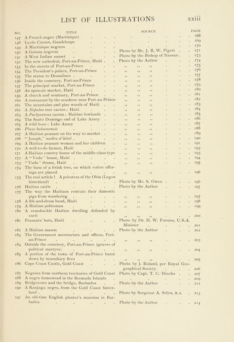 •47 148 149 150 IS* *52 153 154 155 *56 J57 158 r59 160 161 162 163 164 165 166 167 168 169 170 171 172 J73 *74 l7S 176 177 178 179 180 181 182 183 184 185 186 187 188 189 190 191 LIST OF ILLUSTRATIONS xxiii TITLE A French negro (Martinique) Lvc^e Carnot, Guadeloupe A Martinique negress . ... A Guiana negress . ... A West Indian sunset . ... The new cathedral, Port-au-Prince, Haiti . In the streets of Port-au-Prince The President’s palace, Port-au-Prince The statue to Dessalines . ... Inside the cemetery, Port-au-Prince The principal market, Port-au-Prince An open-air market, Haiti A church and seminary, Port-au-Prince A restaurant by the seashore near Port-au-Prince The mountains and pine woods of Haiti A Nopalea tree cactus : Haiti A Pachycereus cactus : Haitian lowlands The Santo Domingo end of Lake Azuey A wild boar : Lake Azuey Pinus bahamensis . ... A Haitian peasant on his way to market . “ Joseph,” victitre d'hotel . ... A Haitian peasant woman and her children A well-to-do farmer, Haiti A Haitian country house of the middle-class type A “ Vudu ” house, Haiti . . . . “ Vudu ” drums, Haiti . . . . The base of a fetish tree, on which votive offer- ings are placed . ... The real article ! A priestess of the Obia (Lagos hinterland) . . . . . Haitian cattle . . ... The way the Haitians restrain their domestic pigs from wandering . ... A fife-and-drum band, Haiti A Haitian policeman . ... A ramshackle Haitian dwelling defended by cacti Peasants’ huts, Haiti . ... A Haitian mason . ... The Government secretariats and offices, Port- au-Prince . . ... Outside the cemetery, Port-au-Prince (graves of political martyrs) . ... A portion of the town of Port-au-Prince burnt down by incendiary fires Cape Coast Castle, Gold Coast Negroes from northern territories of Gold Coast A negro homestead in the Bermuda Islands Bridgetown and the bridge, Barbados A Kanjaga negro, from the Gold Coast hinter- land . . . ... An old-time English planter’s mansion in Bar- bados , . . . . SOURCE PAGE . 168 • i69 • l7° Photo by Mr. J. R. W. Pigott . . 171 Photo by the Bishop of Nassau . .173 Photo by the Author . . .174 5 1 y y y y i /b } J y y y y 176 5 > y y y y J77 1 y y y »y 178 y y y y y y 179 y y y y y y 180 ) } y y y y 181 y y y y yy 182 y y y y y y 00 y y y y y y • 184 y y y y y y i85 y y y y y y 186 y y y y y y 187 y y y y y y 188 y y y y y y • 00 \D y y y y y y I90 y y y y y y !9I y y y y y y J93 y y y y y y i93 y y y y y y T94 y y y y y y !95 y y y y y y 196 Photo by Mr. S. Owen . 196 Photo by the Author igy y y y y yy 197 y' y y y y 198 y y y y y y 199 y y y y y y 200 Photo by Dr. H. W. Furniss, u. S. A. Minister • . 201 Photo by the Author 202 y y y y y y 203 204 >»>>»> • • • 205 Photo by J. Roland, per Royal Geo- graphical Society . . . 206 Photo by Capt. T. C. Hincks . . 207 . . . . . 209 Photo by the Author . . .212 Photo by Sergeant A. Stiles, R.A. . 213 Photo by the Author . . . 214