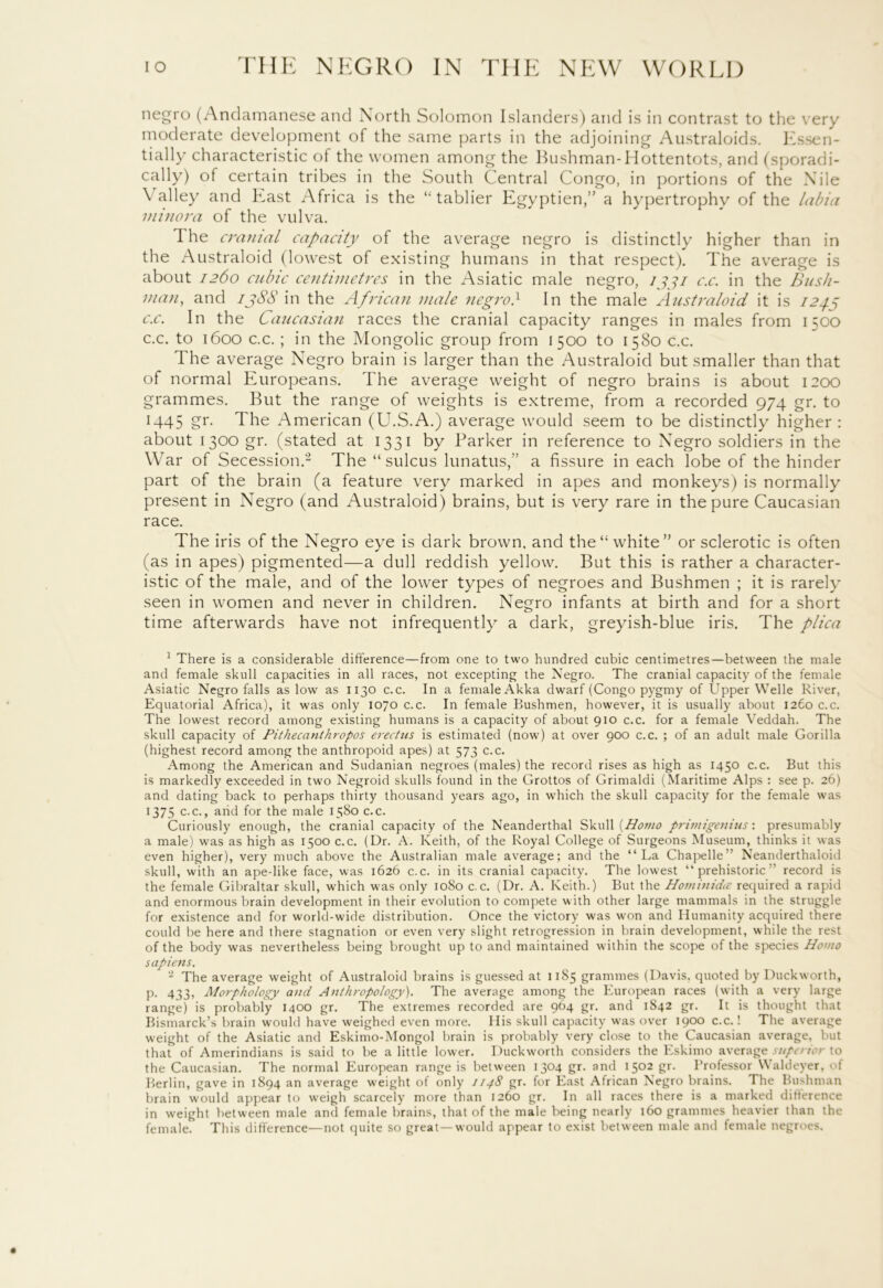 negro (Andamanese and North Solomon Islanders) and is in contrast to the very moderate development of the same parts in the adjoining Australoids. Essen- tially characteristic of the women among the Bushman-Hottentots, and (sporadi- cally) of certain tribes in the South Central Congo, in portions of the Nile \ alley and East Africa is the “ tablier Egyptien,” a hypertrophy of the labia minora of the vulva. The cranial capacity of the average negro is distinctly higher than in the Australoid (lowest of existing humans in that respect). The average is about 1260 cubic centimetres in the Asiatic male negro, ijji c.c. in the Bush- man, and 1388 in the African male negro} In the male Australoid it is 1243 c.c. In the Caucasian races the cranial capacity ranges in males from 1500 c.c. to 1600 c.c. ; in the Mongolic group from 1500 to 1580 c.c. The average Negro brain is larger than the Australoid but smaller than that of normal Europeans. The average weight of negro brains is about 1200 grammes. But the range of weights is extreme, from a recorded 974 gr. to 1445 gr. The American (U.S.A.) average would seem to be distinctly higher : about 1300 gr. (stated at 1331 by Barker in reference to Negro soldiers in the War of Secession.1 2 The “sulcus lunatus,” a fissure in each lobe of the hinder part of the brain (a feature very marked in apes and monkeys) is normally present in Negro (and Australoid) brains, but is very rare in the pure Caucasian race. The iris of the Negro eye is dark brown, and the “white” or sclerotic is often (as in apes) pigmented—a dull reddish yellow. But this is rather a character- istic of the male, and of the lower types of negroes and Bushmen ; it is rarely seen in women and never in children. Negro infants at birth and for a short time afterwards have not infrequently a dark, greyish-blue iris. The plica 1 There is a considerable difference—from one to two hundred cubic centimetres—between the male and female skull capacities in all races, not excepting the Negro. The cranial capacity of the female Asiatic Negro falls as low as 1130 c.c. In a female Akka dwarf (Congo pygmy of Upper Welle River, Equatorial Africa), it was only 1070 c.c. In female Bushmen, however, it is usually about 1260 c.c. The lowest record among existing humans is a capacity of about 910 c.c. for a female Veddah. The skull capacity of Pithecanthropos erectus is estimated (now) at over 900 c.c. ; of an adult male Gorilla (highest record among the anthropoid apes) at 573 c.c. Among the American and Sudanian negroes (males) the record rises as high as 1450 c.c. But this is markedly exceeded in two Negroid skulls found in the Grottos of Grimaldi (Maritime Alps : see p. 26) and dating back to perhaps thirty thousand years ago, in which the skull capacity for the female was 1375 c.c., arid for the male 1580 c.c. Curiously enough, the cranial capacity of the Neanderthal Skull {Homo primigenius: presumably a male) was as high as 1500 c.c. (Dr. A. Keith, of the Royal College of Surgeons Museum, thinks it was even higher), very much above the Australian male average; and the “La Chapelle ’ Neanderthaloid skull, with an ape-like face, was 1626 c.c. in its cranial capacity. The lowest “prehistoric” record is the female Gibraltar skull, which was only 1080 c.c. (Dr. A. Keith.) But the HominidiE required a rapid and enormous brain development in their evolution to compete w ith other large mammals in the struggle for existence and for world-wide distribution. Once the victory was won and Humanity acquired there could be here and there stagnation or even very slight retrogression in brain development, while the rest of the body was nevertheless being brought up to and maintained within the scope of the species Homo sapiens. ‘2 The average weight of Australoid brains is guessed at 1185 grammes (Davis, quoted by Duckworth, p. 433, Morphology and Anthropology). The average among the European races (writh a very large range) is probably 1400 gr. The extremes recorded are 964 gr. and 1842 gr. It is thought that Bismarck’s brain would have weighed even more. His skull capacity was over 1900 c.c.! The average weight of the Asiatic and Eskimo-Mongol brain is probably very close to the Caucasian average, but that of Amerindians is said to be a little lower. Duckworth considers the Eskimo average superior to the Caucasian. The normal European range is between 1304 gr. and 1502 gr. Professor Waldeyer, of Berlin, gave in 1894 an average weight of only 1148 gr. for East African Negro brains. The Bushman brain would appear to weigh scarcely more than 1260 gr. In all races there is a marked difference in weight between male and female brains, that of the male being nearly 160 grammes heavier than the female. This difference—not quite so great—would appear to exist between male and female negroes.