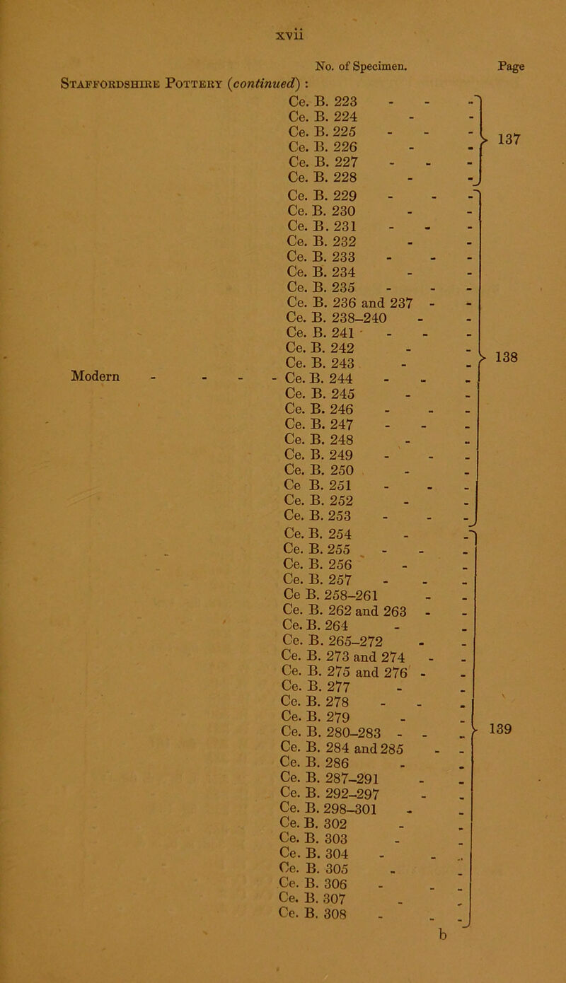 No. of Specimen. Staffordshire Pottery (continued) : Ce. B. 223 Ce. B. 224 Ce. B. 225 Ce. B. 226 Ce. B. 227 Ce. B. 228 Ce. B. 229 Ce. B. 230 Ce. B.231 Ce. B. 232 Ce. B. 233 Ce. B. 234 Ce. B. 235 Ce. B. 236 and 237 Ce. B. 238-240 Ce. B. 241 Ce. B. 242 Ce. B. 243 Modern - - - - Ce. B. 244 Ce. B. 245 Ce. B. 246 Ce. B. 247 Ce. B. 248 Ce. B. 249 Ce. B. 250 Ce B. 251 Ce. B. 252 Ce. B. 253 Ce. B. 254 Ce. B. 255 Ce. B. 256 Ce. B. 257 Ce B. 258-261 Ce. B. 262 and 263 Ce. B. 264 Ce. B. 265-272 Ce. B. 273 and 274 Ce. B. 275 and 276 Ce. B. 277 Ce. B. 278 Ce. B. 279 Ce. B. 280-283 - Ce. B. 284 and 285 Ce. B. 286 Ce. B. 287-291 Ce. B. 292-297 Ce. B. 298-301 Ce. B. 302 Ce. B. 303 Ce.B. 304 Ce. B. 305 Ce. B. 306 Ce. B. 307 Ce. B. 308 b Page > 137 > 138