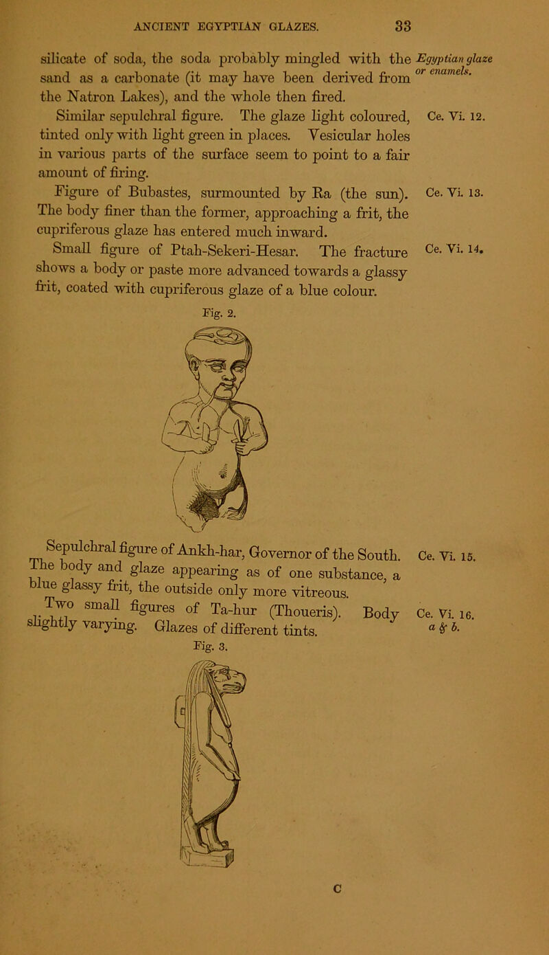 silicate of soda, the soda probably mingled with the Egyptian glaze sand as a carbonate (it may have been derived from °r cnamelt‘- the Natron Lakes), and the whole then fired. Similar sepulchral figure. The glaze light coloured, Ce. Vi. 12. tinted only with light green in places. Vesicular holes in various parts of the surface seem to point to a fair amount of firing. Figure of Bubastes, surmounted by Ra (the sun). Ce. Vi. 13. The body finer than the former, approaching a frit, the cupriferous glaze has entered much inward. Small figure of Ptah-Sekeri-Hesar. The fracture Ce. Vi-14, shows a body or paste more advanced towards a glassy frit, coated with cupriferous glaze of a blue colour. Fig. 2. Sepulchral figure of Ankh-har, Governor of the South, ihe body and glaze appearing as of one substance, a blue glassy frit, the outside only more vitreous. Two smaU figures of Ta-hur (Thoueris). Body slightly varying. Glazes of different tints. Fig. 3. Ce. Vi. 15. Ce. Vi. 16. « & b. C