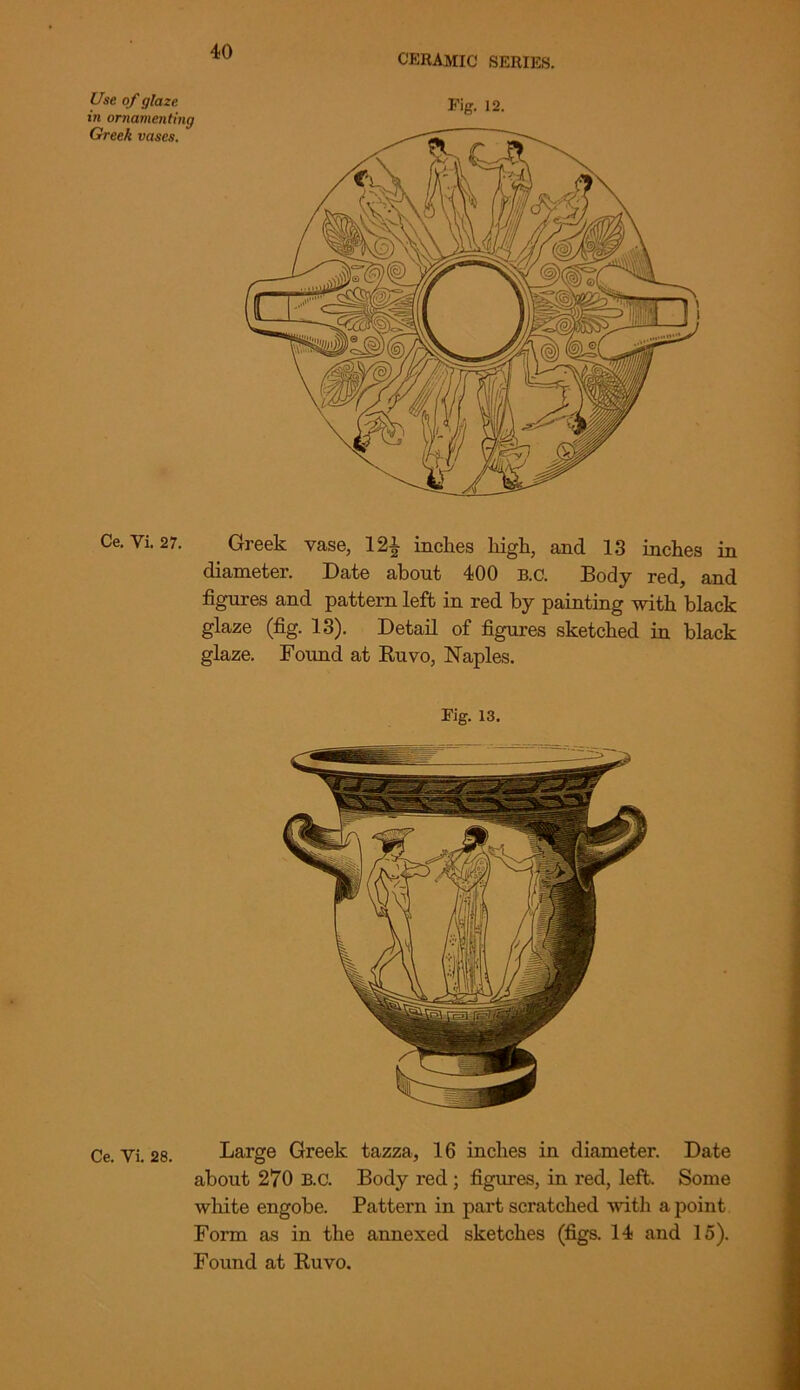 in ornamenting Greek vases. 40 CERAMIC SERIES. Ce. Vi. 27. Ce. Vi. 28. Fig. 12. Greek vase, 12±- inches high, and 13 inches in diameter. Date about 400 B.c. Body red, and figures and pattern left in red by painting with black glaze (fig. 13). Detail of figures sketched in black glaze. Found at Ruvo, Naples. Fig. 13. Large Greek tazza, 16 inches in diameter. Date about 270 B.C. Body red ; figures, in red, left. Some white engobe. Pattern in part scratched with a point Form as in the annexed sketches (figs. 14 and 15). Found at Ruvo.