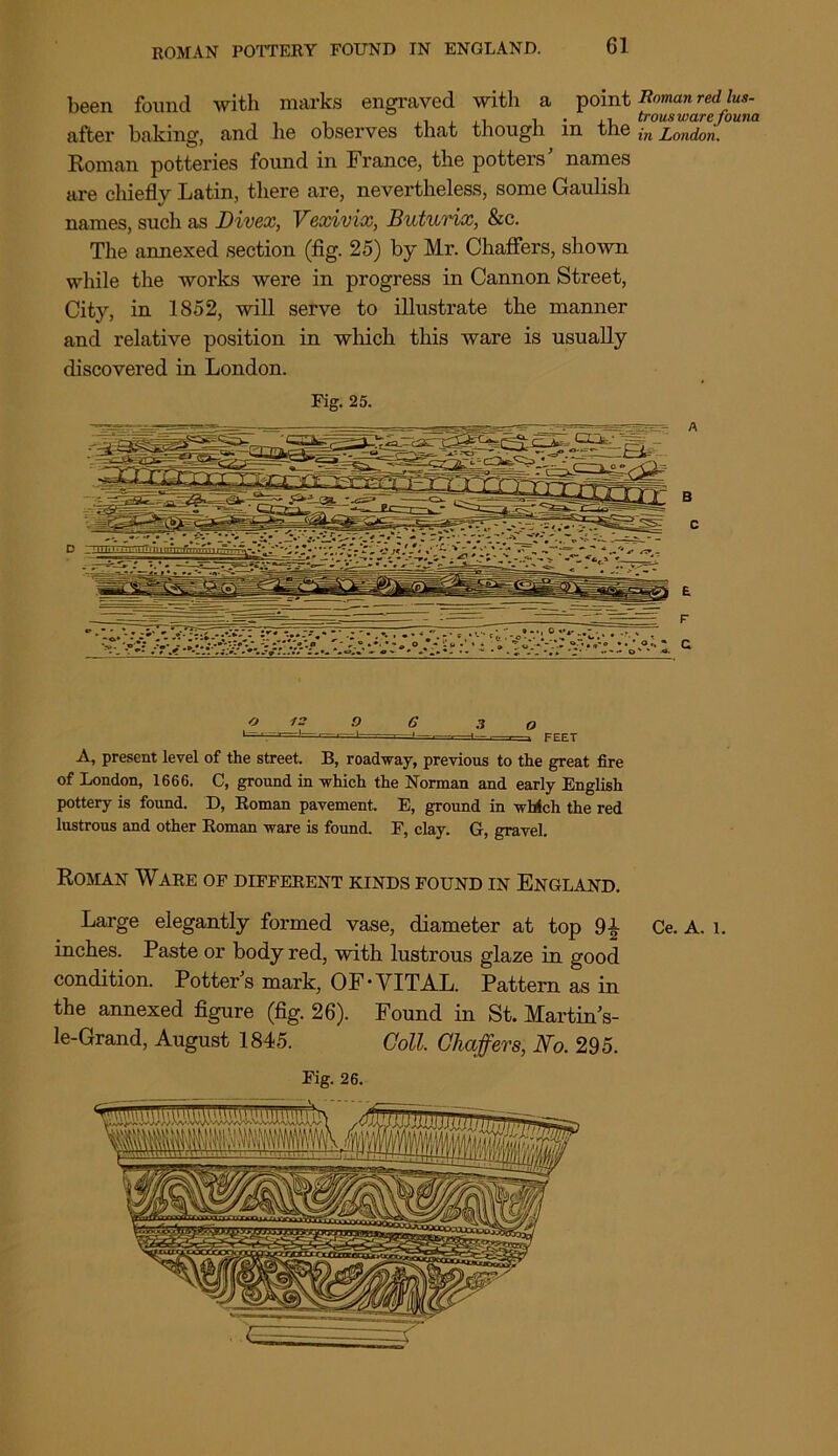 been found with marks engraved with a point Roman red ha- , ,, , trous warefouiia after baking, and lie observes that though m the London. Roman potteries found in France, the potters names are chiefly Latin, there are, nevertheless, some Gaulish names, such as Divex, Vexivix, Buturix, &c. The annexed section (fig. 25) by Mr. Chaffers, shown while the works were in progress in Cannon Street, City, in 1852, will serve to illustrate the manner and relative position in which this ware is usually discovered in London. Fig. 25. o 12 9 G 3 o 1:~1—'—1 ' ...^ FEET A, present level of the street. B, roadway, previous to the great fire of London, 1666. C, ground in which the Norman and early English pottery is found. D, Roman pavement. E, ground in which the red lustrous and other Roman ware is found. F, clay. G, gravel. Roman Ware of different kinds found in England. Large elegantly formed vase, diameter at top JH Ce. A. l. inches. Paste or body red, with lustrous glaze in good condition. Potters mark, OF'VITAL. Pattern as in the annexed figure (fig. 26). Found in St. MartinV le-Grand, August 1845. Coll. Chaffers, No. 295. Fig. 26.