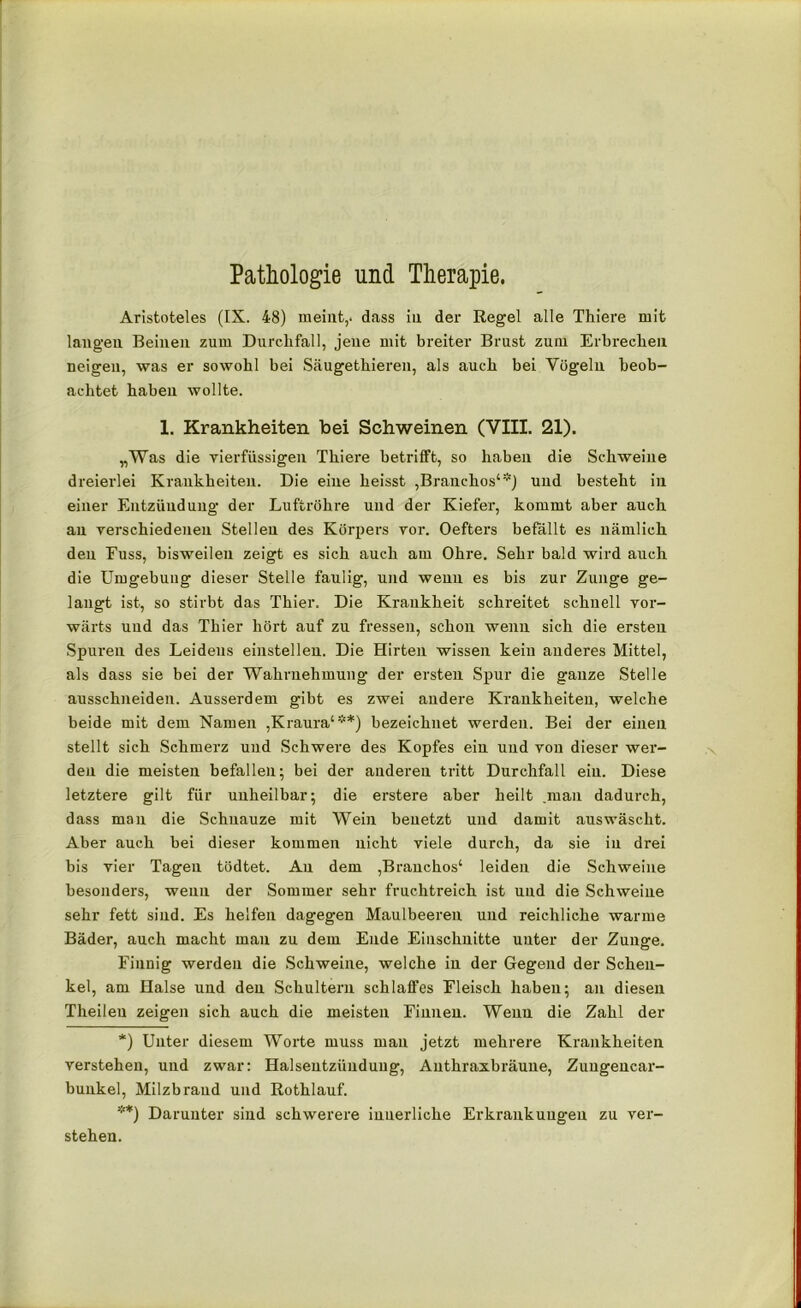 Pathologie und Therapie. Aristoteles (IX. 48) meint,, dass in der Regel alle Thiere mit langen Beinen zum Durchfall, jene mit breiter Brust zum Erbrechen neigen, was er sowohl bei Säugethieren, als auch bei Vögeln beob- achtet haben wollte. 1. Krankheiten bei Schweinen (VIII. 21). „Was die yierflissigen Thiere betrifft, so haben die Schweine dreierlei Krankheiten. Die eine heisst ,Branchos‘*) und besteht in einer Entzündung der Luftröhre und der Kiefer, kommt aber auch an verschiedenen Stellen des Körpers vor. Oefters befallt es nämlich den Fuss, bisweilen zeigt es sich auch am Ohre. Sehr bald wird auch die Umgebung dieser Stelle faulig, und wenn es bis zur Zunge ge- langt ist, so stirbt das Thier. Die Krankheit schreitet schnell vor- wärts und das Thier hört auf zu fressen, schon wenn sich die ersten Spuren des Leidens einstellen. Die Hirten wissen kein anderes Mittel, als dass sie bei der Wahrnehmung der ersten Spur die ganze Stelle ausschneiden. Ausserdem gibt es zwei andere Krankheiten, welche beide mit dem Namen ,Kraura‘**) bezeichnet werden. Bei der einen stellt sich Schmerz und Schwere des Kopfes ein und von dieser wer- den die meisten befallen; bei der anderen tritt Durchfall ein. Diese letztere gilt für unheilbar; die erstere aber heilt man dadurch, dass man die Schnauze mit Wein benetzt und damit auswäscht. Aber auch bei dieser kommen nicht viele durch, da sie in drei bis vier Tagen tödtet. Au dem ,Branchos‘ leiden die Schweine besonders, wenn der Sommer sehr fruchtreich ist und die Schweine sehr fett sind. Es helfen dagegen Maulbeeren und reichliche warme Bäder, auch macht man zu dem Ende Einschnitte unter der Zunge. Finnig werden die Schweine, welche in der Gegend der Schen- kel, am Halse und den Schultern schlaffes Fleisch haben; an diesen Theileu zeigen sich auch die meisten Finnen. Wenn die Zahl der *) Unter diesem Worte muss mau jetzt mehrere Krankheiten verstehen, und zwar: Halsentzündung, Anthraxbräune, Zungencar- buukel, Milzbrand und Rothlauf. **) Darunter sind schwerere innerliche Erkrankungen zu ver- stehen.