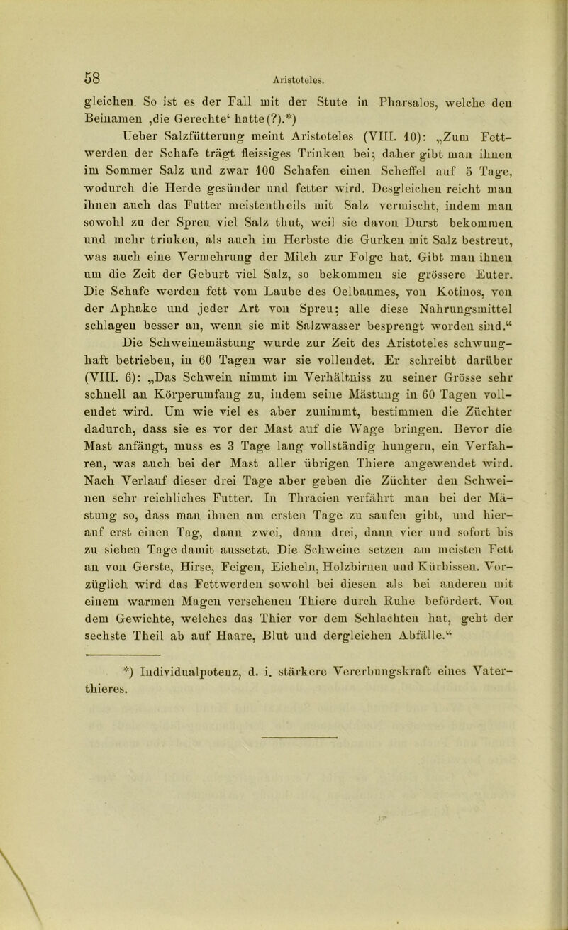 gleichen. So ist es der Fall mit der Stute in Pharsalos, welche den Beinamen ,die Gerechte4 hatte(?).*) Ueber Salzfütterung meint Aristoteles (VIII. 10): „Zum Fett- werden der Schafe trägt fleissiges Trinken bei; daher gibt man ihnen im Sommer Salz und zwar 100 Schafen einen Scheffel auf 5 Tage, wodurch die Herde gesünder und fetter wird. Desgleichen reicht mau ihnen auch das Futter meistentheils mit Salz vermischt, indem man sowohl zu der Spreu viel Salz thut, weil sie davon Durst bekommen und mehr trinken, als auch im Herbste die Gurken mit Salz bestreut, was auch eine Vermehrung der Milch zur Folge hat. Gibt man ihnen um die Zeit der Geburt viel Salz, so bekommen sie grössere Euter. Die Schafe werden fett vom Laube des Oelbaumes, von Kotinos, von der Aphake und jeder Art von Spreu; alle diese Nahrungsmittel schlagen besser an, wenn sie mit Salzwasser besprengt worden sind.“ Die Schweiuemästung wurde zur Zeit des Aristoteles schwung- haft betrieben, in 60 Tagen war sie vollendet. Er schreibt darüber (VIII. 6): „Das Schwein nimmt im Verhältuiss zu seiner Grösse sehr schnell an Körperumfang zu, indem seine Mästung in 60 Tagen voll- endet wird. Um wie viel es aber zunimmt, bestimmen die Züchter dadurch, dass sie es vor der Mast auf die Wage bringen. Bevor die Mast anfängt, muss es 3 Tage lang vollständig hungern, ein Verfah- ren, was auch bei der Mast aller übrigen Tliiere angewendet Avird. Nach Verlauf dieser drei Tage aber geben die Züchter den Schwei- nen sehr reichliches Futter. In Thracien verfährt man bei der Mä- stung so, dass man ihnen am ersten Tage zu saufen gibt, und hier- auf erst einen Tag, dann zwei, dann drei, dann vier und sofort bis zu sieben Tage damit aussetzt. Die Schweine setzen am meisten Fett an von Gerste, Hirse, Feigen, Eicheln, Holzbirnen und Kürbissen. Vor- züglich wird das Fettwerden sowohl bei diesen als bei anderen mit einem warmen Magen versehenen Tkiere durch Ruhe befördert. Von dem Gewichte, welches das Thier vor dem Schlachten hat, geht der sechste Theil ab auf Haare, Blut und dergleichen Abfälle.“ *) Iudividualpoteuz, d. i. stärkere Vererbungskraft eines Vater- thieres.
