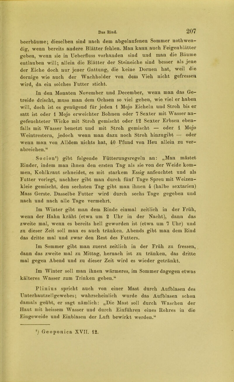 beerbäume; dieselben sind nach dem abgelaufeneu Sommer nothwen- dig, wenn bereits a.ndere Blätter fehlen. Mau kann auch Feigenblätter geben, wenn sie in Ueberfluss vorhanden sind und man die Bäume entlauben will; allein die Blätter der Steineiche sind besser als jene der Eiche doch nur jener Gattung, die keine Dornen hat, weil die dornige wie auch der Wachholder von dem Vieh nicht gefressen wird, da ein solches Futter sticht. In den Monaten November und December, wenn man das Ge- treide drischt, muss man dem Ochsen so viel geben, wie viel er haben will, doch ist es genügend für jeden 1 Mojo Eicheln und Stroh bis er satt ist oder 1 Mojo erweichter Bohnen oder 7 Sexter mit Wasser au- gefeuchteter Wicke mit Stroh gemischt oder 12 Sexter Erbsen eben- falls mit Wasser benetzt und mit Stroh gemischt — oder 1 Mojo Weintrestern, jedoch wenn man dazu noch Stroh hinzugibt — oder wenn man von Alldem nichts hat, 40 Pfund von Heu allein zu ver- abreichen.“ Socion1) gibt folgeude Fütterungsregelu au: „Man mästet Rinder, indem mau ihnen den ersten Tag als sie von der Weide kom- men, Kohlkraut schneidet, es mit starkem Essig anfeuchtet und als Futter vorlegt, nachher gibt man durch fünf Tage Spreu mit Weizen- kleie gemischt, den sechsten Tag gibt man ihnen 4 (halbe sextarien) Mass Gerste. Dasselbe Futter wird durch sechs Tage gegeben uud nach und nach alle Tage vermehrt. Im Winter gibt man dem Rinde einmal zeitlich in der Früh, wenn der Hahn kräht (etwa um 2 Uhr in der Nacht), dann das zweite mal, wenn es bereits hell geworden ist (etwa um 7 Uhr) und zu dieser Zeit soll man es auch träuken. Abends gibt man dem Rind das dritte mal und zwar den Rest des Futters. Im Sommer gibt man zuerst zeitlich in der Früh zu fressen, dann das zweite mal zu Mittag, hernach ist zu tränken, das dritte mal gegen Abend und zu dieser Zeit wird es wieder getränkt. Im Winter soll man ihnen wärmeres, im Sommer dagegen etwas kälteres Wasser zum Trinken geben.“ Plinius spricht auch von einer Mast durch Aufblasen des Unterhautzellgewebes; wahrscheinlich wurde das Aufblasen schon damals geübt, er sagt nämlich: „Die Mast soll durch Waschen der Haut mit lieissem Wasser und durch Einfuhren eines Rohres in die Eingeweide und Einblaseu der Luft bewirkt werden.“ ) Geoponica XVII. 12.