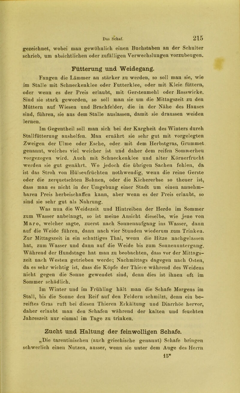 gezeichnet, wobei mau gewöhnlich einen Buchstaben au der Schulter schrieb, um absichtlichen oder zufälligen Verwechslungen vorzubeugen. Fütterung und Weidegang. Fangen die Lämmer an stärker zu werden, so soll mau sie, wie im Stalle mit Schneckeuklee oder Futterklee, oder mit Kleie füttern, oder wenn es der Preis erlaubt, mit Gerstenmehl oder Rosswicke. Sind sie stark geworden, so soll man sie um die Mittagszeit zu den Müttern auf Wiesen und Brachfelder, die in der Nähe des Hauses sind, führen, sie aus dem Stalle auslassen, damit sie draussen weiden lernen. Im Gegeutheil soll man sich bei der Kargheit des Winters durch Stallfütterung aushelfeu. Mau ernährt sie sehr gut mit vorgelegten Zweigen der Ulme oder Esche, oder mit dem Herbstgras, Grummet genannt, welches viel weicher ist und daher dem reifen Sommerheu vorgezogen wird. Auch mit Schneckenklee und alter Körnerfrucht werden sie gut genährt. Wo jedoch die übrigen Sachen fehlen, da ist das Stroh von Hülseufrüchten uothweudig, wenn die reine Gerste oder die zerquetschten Bohnen, oder die Kichererbse so theuer ist, dass mau es nicht in der Umgebung einer Stadt um einen annehm- baren Preis herbeischaffen kann, aber wenn es der Preis erlaubt, so sind sie sehr gut als Nahrung. Was nun die Weidezeit und Hintreiben der Herde im Sommer zum Wasser anbelaugt, so ist meine Ansicht dieselbe, wie jene von Maro, welcher sagte, zuerst nach Sonnenaufgang ins Wasser, dann auf die Weide führen, dann nach vier Stunden wiederum zum Trinken. Zur Mittagszeit in ein schattiges Thal, wenn die Hitze nachgelassen hat, zum Wasser und daun auf die Weide bis zum Sonnenuntergang. Während der Hundstage hat man zu beobachten, dass vor der Mittags- zeit nach Westen getrieben werde; Nachmittags dagegen nach Osten, da es sehr wichtig ist, dass die Köpfe der Thiere während des Weidens nicht gegen die Sonne gewendet sind, denn dies ist ihnen oft im Sommer schädlich. Im Winter und im Frühling hält man die Schafe Morgens im Stall, bis die Sonne den Reif auf den Feldern schmilzt, denn ein be- reiftes Gras ruft bei diesen Thieren Erkältung und Diarrhöe hervor, daher erlaubt man den Schafen während der kalten und feuchten Jahreszeit nur einmal im Tage zu trinken. Zucht und Haltung der feinwolligen Schafe. „Die tarentinischen (auch griechische genannt) Schafe bringen schwerlich einen Nutzen, ausser, wenn sie unter dem Auge des Herrn 15*