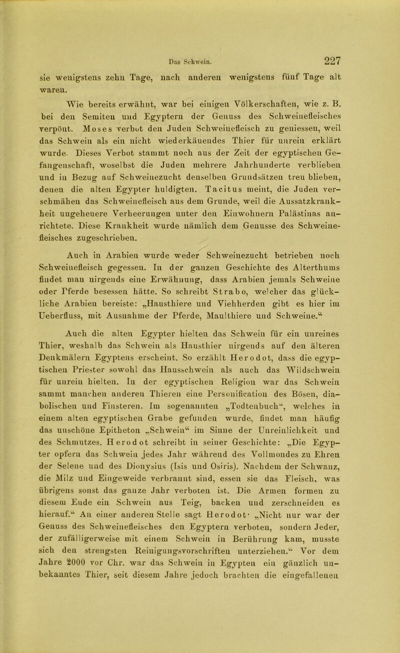 sie wenigstens zehn Tage, nach anderen wenigstens fünf Tage alt waren. Wie bereits erwähnt, war be} einigen Völkerschaften, wie z. B. bei den Semiten und Egyptern der Genuss des Schweinefleisches verpönt. Moses verbot den Juden Schweinefleisch zu gemessen, weil das Schwein als ein nicht wiederkäuendes Thier für unrein erklärt wurde. Dieses Verbot stammt noch aus der Zeit der egyptischen Ge- fangenschaft, woselbst die Juden mehrere Jahrhunderte verblieben und in Bezug auf Schweinezucht denselben Grundsätzen treu blieben, denen die alten Egypter huldigten. Tacitus meint, die Juden ver- schmähen das Schweinefleisch aus dem Grunde, weil die Aussatzkrank- heit ungeheuere Verheerungen unter den Einwohnern Palästinas an- richtete. Diese Krankheit wurde nämlich dem Genüsse des Schweine- fleisches zugeschrieben. Auch in Arabien wurde weder Schweinezucht betrieben noch Schweinefleisch gegessen. In der ganzen Geschichte des Alterthums findet man nirgends eine Erwähnung, dass Arabien jemals Schweine oder Fferde besessen hätte. So schreibt Strabo, welcher das glück- liche Arabien bereiste: „Hausthiere und Viehherden gibt es hier im Ueberfluss, mit Ausnahme der Pferde, Maulthiere und Schweine.“ Auch die alten Egypter hielten das Schwein für ein unreines Thier, weshalb das Schwein als Hausthier nirgends auf den älteren Denkmälern Egyptens erscheint. So erzählt Herodot, dass die egyp- tischen Priester sowohl das Hausschwein als auch das Wildschwein für unrein hielten. In der egyptischen Religion war das Schwein sammt manchen anderen Thieren eine Personification des Bösen, dia- bolischen und Finsteren. Im sogenannten „Todtenbuch“, welches in einem alten egyptischen Grabe gefunden wurde, findet man häufig das unschöne Epitheton „Schwein“ im Sinne der Unreinlichkeit und des Schmutzes. Herodot schreibt in seiner Geschichte: „Die Egyp- ter opfern das Schwein jedes Jahr während des Vollmondes zu Ehren der Selene und des Dionysius (Isis und Osiris). Nachdem der Schwanz, die Milz und Eingeweide verbrannt sind, essen sie das Fleisch, was übrigens sonst das ganze Jahr verboten ist. Die Armen formen zu diesem Ende ein Schwein aus Teig, backen und zerschneiden es hierauf.“ An einer anderen Stelle sagt Herodot- „Nicht nur war der Genuss des Schweinefleisches den Egyptern verboten, sondern Jedex-, der zufälligerweise mit einem Schwein in Berührung kam, musste sich den strengsten Reinigungsvorschriften unterziehen.“ Vor dem Jahre 2000 vor Chr. war das Schwein in Egypten ein gänzlich un- bekanntes Thiei-, seit diesem Jahre jedoch brachten die eingefallenen