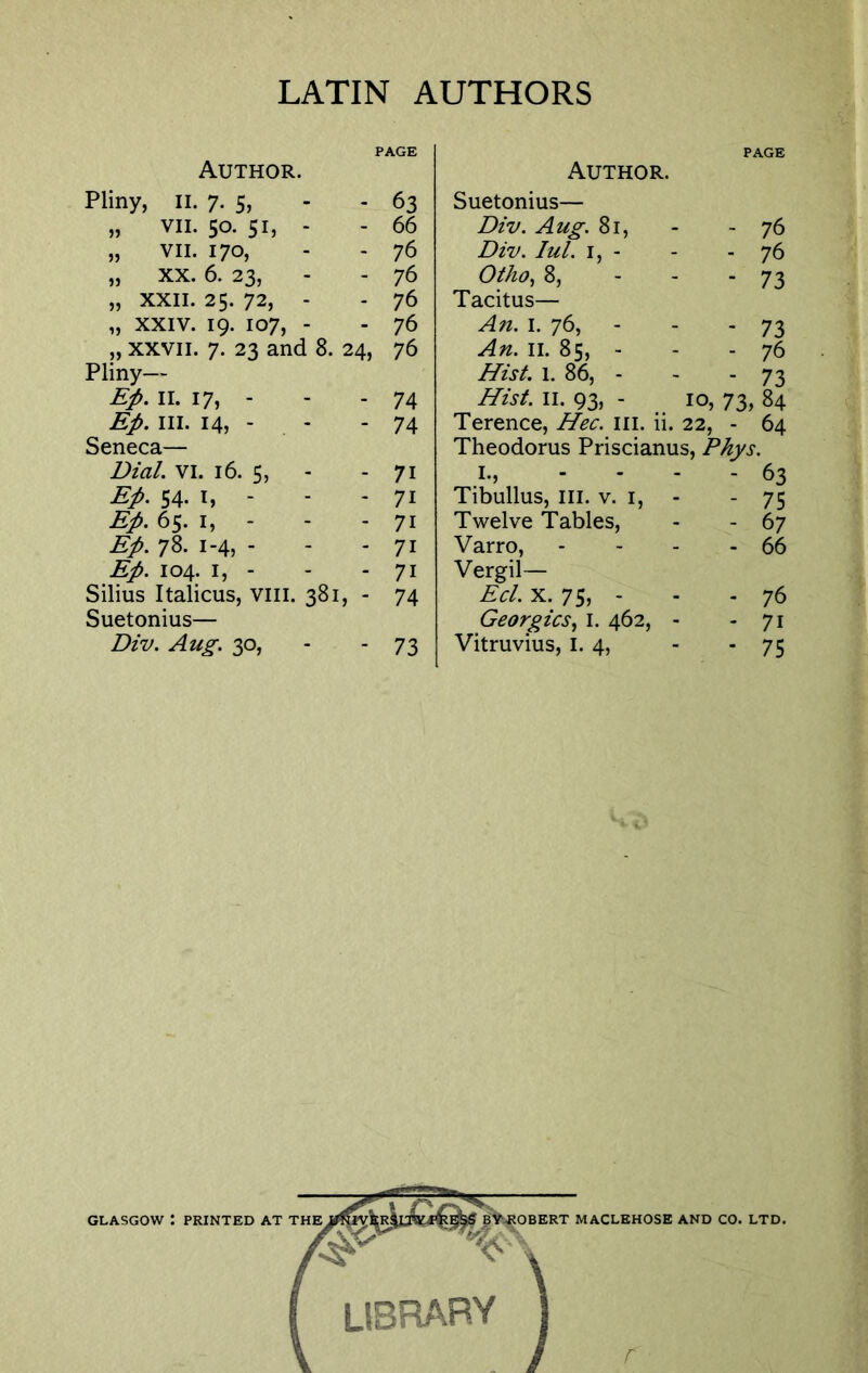 Author. Pliny, II. 7- 5, - - 63 „ vii. 50. 51, - - 66 » vii. 170, - - 76 „ XX. 6. 23, - - 76 „ XXII. 25. 72, - - 76 „ XXIV. 19. 107, - - 76 „ XXVII. 7. 23 and 8. 24, 76 Pliny— Ep. II. 17, - - - 74 Ep. hi. 14, - - - 74 Seneca— Dial. VI. 16. 5, - - 71 Ep. 54. 1, - - -71 Ep. 65. 1, - - - 71 Ep. 78. 1-4, --- 71 Ep. 104. 1, - - -71 Silius Italicus, VIII. 381, - 74 Suetonius— Div. Aug. 30, - - 73 PAGE Author. Suetonius— Div. Aug. 81, - 76 Div. Iul. 1, - - 76 Otko, 8, - 73 Tacitus— An. 1. 76, - - 73 An. 11. 85, - - 76 Hist. 1. 86, - - 73 Hist. 11. 93, - 10, 73, 84 - 64 Terence, Hec. ill. ii. 22, Theodorus Priscianus, Phys. !•> - 63 Tibullus, III. v. 1, - 75 Twelve Tables, - 6 7 Varro, - 66 Vergil— Eel. x. 75, - - 76 Georgies, 1. 462, - - 7i Vitruvius, 1. 4, ' 75