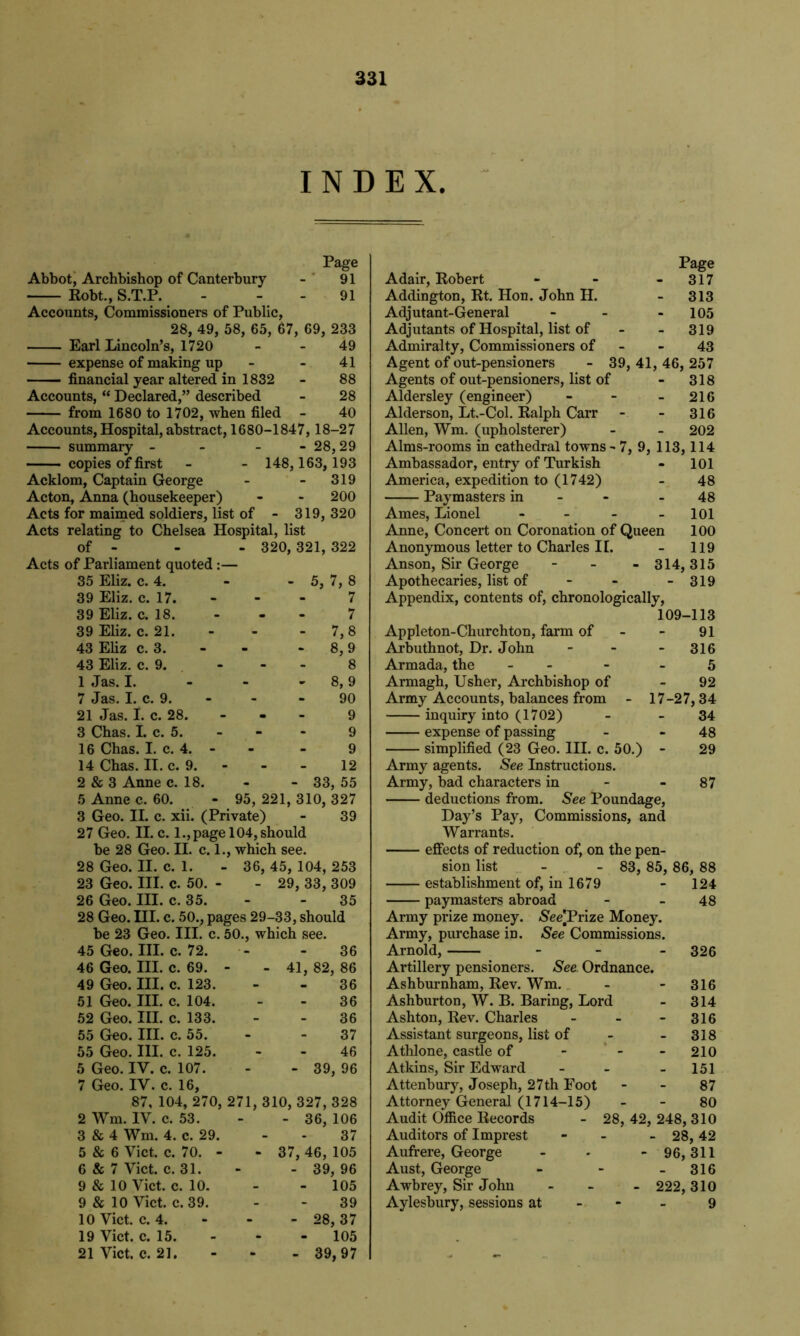 INDEX. Page Abbot, Archbishop of Canterbury - 91 Robt., S.T.P. - - 91 Accounts, Commissioners of Public, 28, 49, 58, 65, 67, 69, 233 Earl Lincoln’s, 1720 49 expense of making up - 41 financial year altered in 1832 - 88 Accounts, “ Declared,” described - 28 from 1680 to 1702, when filed - 40 Accounts, Hospital, abstract, 1680-1847, 18-27 summary - - - -28,29 copies of first - - 148, 163, 193 Acklom, Captain George - - 319 Acton, Anna (housekeeper) - - 200 Acts for maimed soldiers, list of - 319,320 Acts relating to Chelsea Hospital, list of - - - 320, 321, 322 Acts of Parliament quoted:— 35 Eliz. c. 4. - - 5, 7, 8 39 Eliz. c. 17. - - 7 39 Eliz. c. 18. - - 7 39 Eliz. c. 21. - - - 7,8 43 Eliz c. 3. - - - 8,9 43 Eliz. c. 9. - - - 8 1 Jas. I. - - - 8,9 7 Jas. I. c. 9. 90 21 Jas. I. c. 28. 9 3 Chas. I. c. 5. - - - 9 16 Chas. I. c. 4. - - - 9 14 Chas. II. c. 9. - - 12 2 & 3 Anne c. 18. - - 33, 55 5 Anne c. 60. - 95, 221, 310, 327 3 Geo. II. c. xii. (Private) - 39 27 Geo. II. c. l.,page 104,should be 28 Geo. II. c. 1., which see. 28 Geo. II. c. 1. - 36, 45, 104, 253 23 Geo. III. c. 50. - - 29, 33, 309 26 Geo. III. c. 35. - 35 28 Geo. III. c. 50., pages 29-33, should be 23 Geo. III. c. 50., which see. 45 Geo. III. c. 72. - 36 46 Geo. III. c. 69. - - 41, 82, 86 49 Geo. III. c. 123. - - 36 51 Geo. III. c. 104. - - 36 52 Geo. III. c. 133. - - 36 55 Geo. III. c. 55. - 37 55 Geo. III. c. 125. - - 46 5 Geo. IV. c. 107. - - 39, 96 7 Geo. IV. c. 16, 87, 104, 270, 271, 310, 327, 328 2 Wm. IV. c. 53. - - 36, 106 3 & 4 Wm. 4. c. 29. - - 37 5 & 6 Viet. c. 70. - - 37, 46, 105 6 & 7 Viet. c. 31. - - 39, 96 9 & 10 Viet. c. 10. - - 105 9 & 10 Viet. c. 39. - - 39 10 Viet. c. 4. - - - 28,37 19 Viet. c. 15. 105 21 Viet. c. 21, - - - 39,97 Page Adair, Robert - - - 317 Addington, Rt. Hon. John H. - 313 Adjutant-General - - 105 Adjutants of Hospital, list of - - 319 Admiralty, Commissioners of - - 43 Agent of out-pensioners - 39, 41, 46, 257 Agents of out-pensioners, list of - 318 Aldersley (engineer) - - 216 Alderson, Lt.-Col. Ralph Carr - - 316 Allen, Wm. (upholsterer) - - 202 Alms-rooms in cathedral towns - 7, 9, 113,114 Ambassador, entry of Turkish - 101 America, expedition to (1742) - 48 Paymasters in 48 Ames, Lionel - - - - 101 Anne, Concert on Coronation of Queen 100 Anonymous letter to Charles IL - 119 Anson, Sir George - - - 314,315 Apothecaries, list of - - - 319 Appendix, contents of, chronologically, 109-113 Appleton-Churchton, farm of Arbuthnot, Dr. John Armada, the - Armagh, Usher, Archbishop of Army Accounts, balances from inquiry into (1702) expense of passing simplified (23 Geo. III. c. 50.) - Army agents. See Instructions. Army, bad characters in deductions from. See Poundage, Day’s Pay, Commissions, and Warrants. effects of reduction of, on the pen- sion list - - 83, 85, 86, 88 establishment of, in 1679 - 124 paymasters abroad - - 48 Army prize money. &ee]Prize Money. Army, purchase in. See Commissions. Arnold, - - - 326 Artillery pensioners. See Ordnance. Ashburnham, Rev. Wm. - - 316 Ashburton, W. B. Baring, Lord - 314 Ashton, Rev. Charles - - - 316 Assistant surgeons, list of - - 318 Athlone, castle of - - - 210 Atkins, Sir Edward - - 151 Attenbury, Joseph, 27 th Foot - - 87 Attorney General (1714-15) 80 Audit Office Records - 28, 42, 248, 310 Auditors of Imprest - - 28,42 Aufrere, George - - -96,311 Aust, George - - - 316 Awbrey, Sir John - 222,310 Aylesbury, sessions at 9 91 - 316 5 _ QO 17-27,34 34 48 29 87