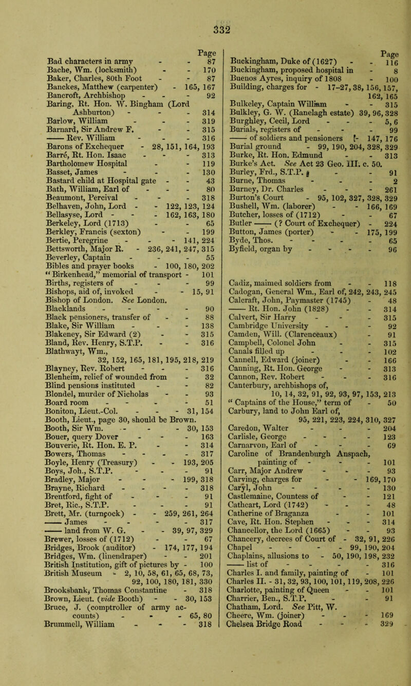 Page Bad characters in army - - 87 Bache, Wm. (locksmith) - 170 Baker, Charles, 80th Foot - - 87 Banckes, Matthew (carpenter) - 165,167 Bancroft, Archbishop - 92 Baring, Rt. Hon. W. Bingham (Lord Ashburton) - - 314 Barlow, William - - - 319 Barnard, Sir Andrew F, - - 315 - 316 - 28, 151, 164, 193 - 313 - 119 - 130 43 80 - 318 - 122, 123, 124 - 162, 163, 180 65 - 199 - 141, 224 236, 241, 247, 315 55 100, 180, 202 101 99 15, 91 90 88 138 315 316 Rev. William Barons of Exchequer Barre, Rt. Hon. Isaac Bartholomew Hospital Basset, James Bastard child at Hospital gate Bath, William, Earl of Beaumont, Percival Belhaven, John, Lord - Bellasyse, Lord - Berkeley, Lord (1713) Berkley, Francis (sexton) Bertie, Peregrine . - Betts worth, Major R. Beverley, Captain Bibles and prayer books “ Birkenhead,” memorial of transport Births, registers of Bishops, aid of, invoked Bishop of London. See London. Blacklands - Black pensioners, transfer of Blake, Sir William Blakeney, Sir Edward (2) Bland, Rev. Henry, S.T.P. Blathwayt, Wm., 32, 152, 165, 181, 195, 218, 219 Blayney, Rev. Robert - - - 316 Blenheim, relief of wounded from - 32 Blind pensions instituted - 82 Blondel, murder of Nicholas 93 Boardroom - - 51 Boniton, Lieut.-Col. - - - 31, 154 Booth, Lieut., page 30, should be Brown. Booth, Sir Wm. - - - 30,153 Bouer, query Dover - - 163 Bouverie, Rt. Hon. E. P. - 314 Bowers, Thomas - - - 317 Boyle, Henry (Treasury) - - 193, 205 Boys, Joh., S.T.P. - - 91 Bradley, Major - - -- 199, 318 Brayne, Richard - - - - 318 Brentford, fight of - - - 91 Bret, Ric., S.T.P. - 91 Brett, Mr. (turnpock) - - 259, 261, 264 James - - - 317 land from W. G. - - 39, 97, 329 Brewer, losses of (1712) - 67 Bridges, Brook (auditor) - 174, 177, 194 Bridges, Wm. (linendraper) - - 201 British Institution, gift of pictures by - 100 British Museum *- 2, 10, 58, 61, 65, 68, 73, 92, 100, 180, 181, 330 Brooksbank, Thomas Constantine - 318 Brown, Lieut, (vide Booth) - - 30, 153 Bruce, J. (comptroller of army ac- counts) - - - 65, 80 Brummell, William - - 318 Buckingham, Duke of (1627) - - lie Buckingham, proposed hospital in - 8 Buenos Ayres, inquiry of 1808 - 100 Building, charges for - 17-27,38, 156, 157, 162, 165 Bulkeley, Captain Willkm - - 315 Bulkley, G. W. (Ranelagh estate) 39, 96,328 Burghley, Cecil, Lord - - - 5,6 Burials, registers of - - - 99 of soldiers and pensioners 147, 176 Burial ground - 99, 190, 204, 328, 329 Burke, Rt. Hon. Edmund - - 313 Burke’s Act. See Act 23 Geo. III. c. 50. Burley, Frd., S.T.P. g - - 91 Burne, Thomas - 2 Burney, Dr. Charles - - - 261 Burton’s Court - 95, 102, 327, 328, 329 Bushell, Wm. (laborer) - - 166, 169 Butcher, losses of (1712) - - 67 Butler (? Court of Exchequer) - 224 Button, James (porter) - - 175, 199 Byde, Thos. - - - 65 By field, organ by - - - - 96 Cadiz, maimed soldiers from - - 118 Cadogan, General Wm., Earl of, 242, 243, 245 Calcraft, John, Paymaster (1745) - 48 Rt. Hon. John (1828) - - 314 Calvert, Sir Harry - - - 315 Cambridge University - - - 92 Camden, Will. (Clarenceaux) - 91 Campbell, Colonel John - - 315 Canals filled up - - - 102 Cannell, Edward (joiner) - - 166 Canning, Rt. Hon. George - - 313 Cannon, Rev. Robert - - - 316 Canterbury, archbishops of, 10, 14, 32, 91, 92, 93, 97, 153, 213 “ Captains of the House,” term of - 50 Carbury, land to John Earl of, 95, 221, 223, 224, 310, 327 Caredon, Walter - 204 Carlisle, George - - - - 123 Carnarvon, Earl of - - - 69 Caroline of Brandenburgh Anspach, painting of - - 101 Carr, Major Andrew 93 Carving, charges for - - 169,170 Caryl, John - - 130 Castlemaine, Countess of - - 121 Cathcart, Lord (1742) 48 Catherine of Braganza - - 101 Cave, Rt. Hon. Stephen - - - 314 Chancellor, the Lord (1665) - - 93 Chancery, decrees of Court of - 32, 91, 226 Chapel - - - 99, 190, 204 Chaplains, allusions to - 50, 190, 198, 232 list of - - - 316 Charles I. and family, painting of - 101 Charles II. - 31, 32, 93, 100, 101, 119, 208, 226 Charlotte, painting of Queen - - 101 Charrier, Ben., S.T.P. - - 91 Chatham, Lord. See Pitt, W. Cheere, Wm. (joiner) - - 169 Chelsea Bridge Road - - - 329