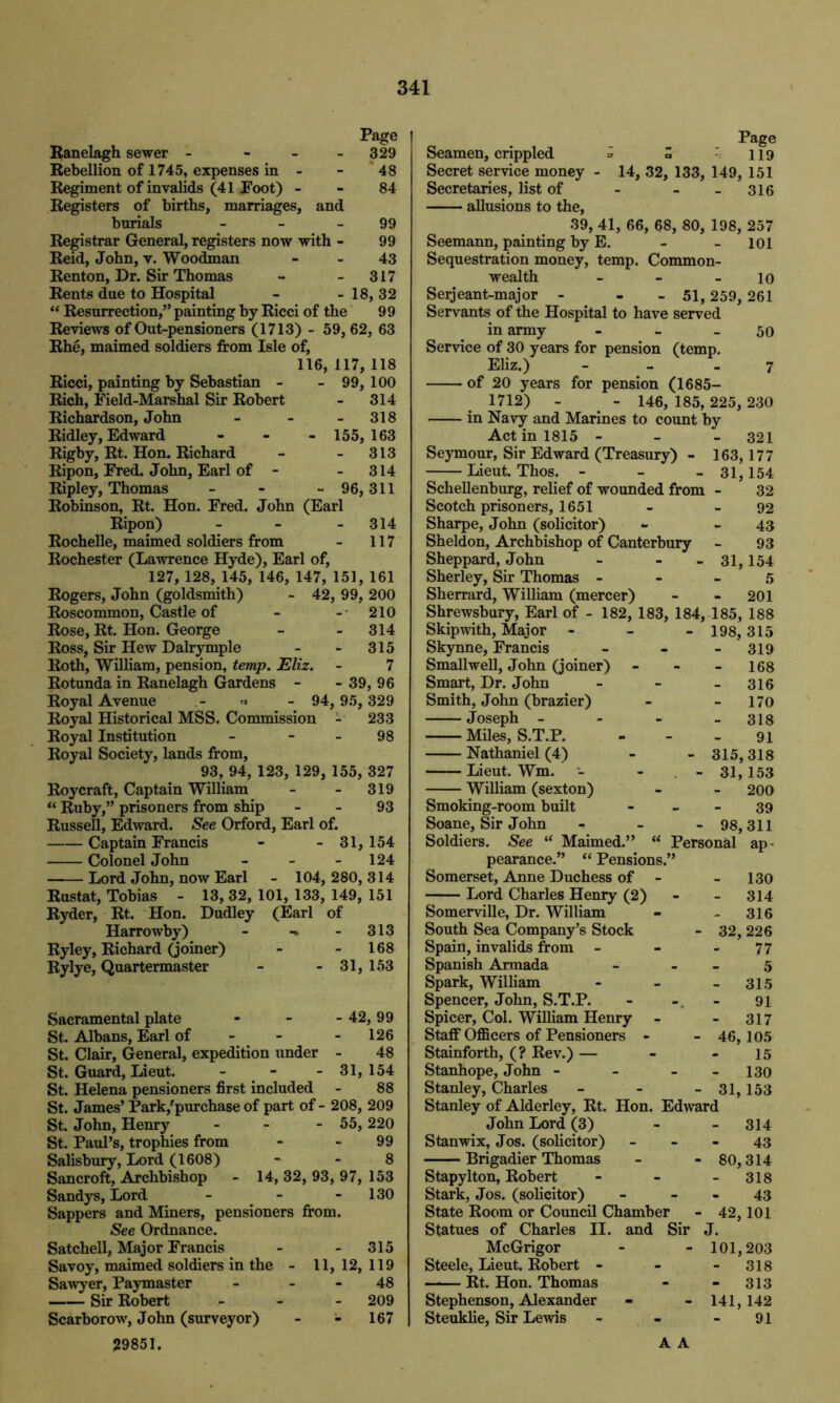 Page Ranelagh sewer - - - 329 Rebellion of 1745, expenses in - - 48 Regiment of invalids (41 Root) 84 Registers of births, marriages, and burials - - 99 Registrar General, registers now with - 99 Reid, John, v. Woodman 43 Renton, Dr. Sir Thomas - - 317 Rents due to Hospital - - 18, 32 “ Resurrection,” painting by Ricci of the 99 Reviews of Out-pensioners (1713) - 59, 62, 63 Rhe, maimed soldiers from Isle of, 116, 117, 118 Ricci, painting by Sebastian - - 99, 100 Rich, Field-Marshal Sir Robert - 314 Richardson, John - - 318 Ridley, Edward - - -155,163 Rigby, Rt. Hon. Richard - - 313 Ripon, Fred. John, Earl of - 314 Ripley, Thomas - - - 96,311 Robinson, Rt. Hon. Fred. John (Earl Ripon) - - - 314 Rochelle, maimed soldiers from - 117 Rochester (Lawrence Hyde), Earl of, 127, 128, 145, 146, 147, 151, 161 Rogers, John (goldsmith) - 42, 99, 200 Roscommon, Castle of - - 210 Rose, Rt. Hon. George - - 314 Ross, Sir Hew Dalrymple - - 315 Roth, William, pension, temp. Eliz. - 7 Rotunda in Ranelagh Gardens - - 39, 96 Royal Avenue - - 94, 95, 329 Royal Historical MSS. Commission - 233 Royal Institution - - - 98 Royal Society, lands from, 93, 94, 123, 129, 155, 327 Roycraft, Captain William - - 319 “ Ruby,” prisoners from ship 93 Russell, Edward. See Orford, Earl of. Captain Francis - - 31, 154 Colonel John - - 124 Lord John, now Earl - 104, 280, 314 Rustat, Tobias - 13, 32, 101, 133, 149, 151 Ryder, Rt. Hon. Dudley (Earl of Harrowby) - -» - 313 Ryley, Richard (joiner) - - 168 Rylye, Quartermaster - - 31, 153 Sacramental plate - - - 42,99 St. Albans, Earl of - - - 126 St. Clair, General, expedition under - 48 St. Guard, Lieut. - - - 31, 154 St. Helena pensioners first included - 88 St. James’ Park,'purchase of part of - 208, 209 St. John, Henry - - - 55, 220 St. Paul’s, trophies from - - 99 Salisbury, Lord (1608) - - 8 Sancroft, Archbishop - 14, 32, 93, 97, 153 Sandys, Lord - - - 130 Sappers and Miners, pensioners from. See Ordnance. Satchell, Major Francis - - 315 Savoy, maimed soldiers in the - 11,12, 119 Sawyer, Paymaster - 48 Sir Robert - 209 Scarborow, John (surveyor) - - 167 29851. Page Seamen, crippled » Z : 119 Secret service money - 14, 32, 133, 149, 151 Secretaries, list of - - - 316 allusions to the, 39, 41, 66, 68, 80, 198, 257 Seemann, painting by E. - - 101 Sequestration money, temp. Common- wealth - - - 10 Serjeant-major - - 51, 259, 261 Servants of the Hospital to have served in army - - 50 Service of 30 years for pension (temp. Eliz.) - 7 of 20 years for pension (1685- 1712) - - 146, 185,225, 230 in Navy and Marines to count by Act in 1815 - - - 321 Seymour, Sir Edward (Treasury) - 163,177 Lieut. Thos. - - - 31,154 Schellenburg, relief of wounded from - 32 Scotch prisoners, 1651 - - 92 Sharpe, John (solicitor) - - 43 Sheldon, Archbishop of Canterbury - 93 Sheppard, John - - - 31,154 Sherley, Sir Thomas 5 Sherrard, William (mercer) - - 201 Shrewsbury, Earl of - 182, 183, 184, 185, 188 Skipwith, Major - - - 198,315 Skynne, Francis - - - 319 Smallwell, John (joiner) - - - 168 Smart, Dr. John - - - 316 Smith, John (brazier) - - 170 Joseph - 318 Miles, S.T.P. - - - 91 Nathaniel (4) - - 315, 318 Lieut. Wm. - - - 31, 153 William (sexton) - - 200 Smoking-room built 39 Soane, Sir John - - -98,311 Soldiers. See “ Maimed.” “ Personal ap- pearance.” “ Pensions.” Somerset, Anne Duchess of - Lord Charles Henry (2) Somerville, Dr. William South Sea Company’s Stock Spain, invalids from Spanish Armada Spark, William Spencer, John, S.T.P. Spicer, Col. William Henry - Staff Officers of Pensioners - Stainforth, (? Rev.) — Stanhope, John - Stanley, Charles Stanley of Alderley, Rt. Hon. Edward John Lord (3) Stanwix, Jos. (solicitor) Brigadier Thomas Stapylton, Robert Stark, Jos. (solicitor) State Room or Council Chamber Statues of Charles II. and McGrigor Steele, Lieut. Robert - Rt. Hon. Thomas Stephenson, Alexander Steuklie, Sir Lewis ■ 130 ■ 314 316 32, 226 77 5 315 91 317 46, 105 15 130 31, 153 314 43 80,314 318 43 42,101 Sir J. - 101,203 318 - 313 - 141,142 91 A A