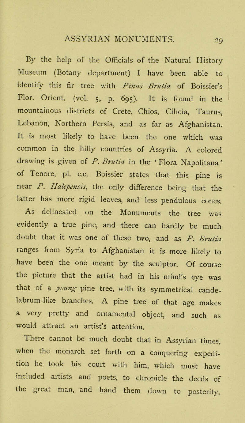 By the help of the Officials of the Natural History Museum (Botany department) I have been able to identify this fir tree with Ptnus Brutia of Boissier’s Flor. Orient, (vol. 5, p. 695). It is found in the mountainous districts of Crete, Chios, Cilicia, Taurus, Lebanon, Northern Persia, and as far as Afghanistan. It is most likely to have been the one which was common in the hilly countries of Assyria. A colored drawing is given of P. Brutia in the ‘Flora Napolitana’ of Tenore, pi. c.c. Boissier states that this pine is near P. Halepensis, the only difference being that the latter has more rigid leaves, and less pendulous cones. As delineated on the Monuments the tree was evidently a true pine, and there can hardly be much doubt that it was one of these two, and as P, Brutia ranges from Syria to Afghanistan it is more likely to have been the one meant by the sculptor. Of course the picture that the artist had in his mind’s eye was that of a young pine tree, with its symmetrical cande- labrum-like branches. A pine tree of that age makes a very pretty and ornamental object, and such as would attract an artist’s attention. There cannot be much doubt that in Assyrian times, when the monarch set forth on a conquering expedi- tion he took his court with him, which must have included artists and poets, to chronicle the deeds of the great man, and hand them down to posterity.