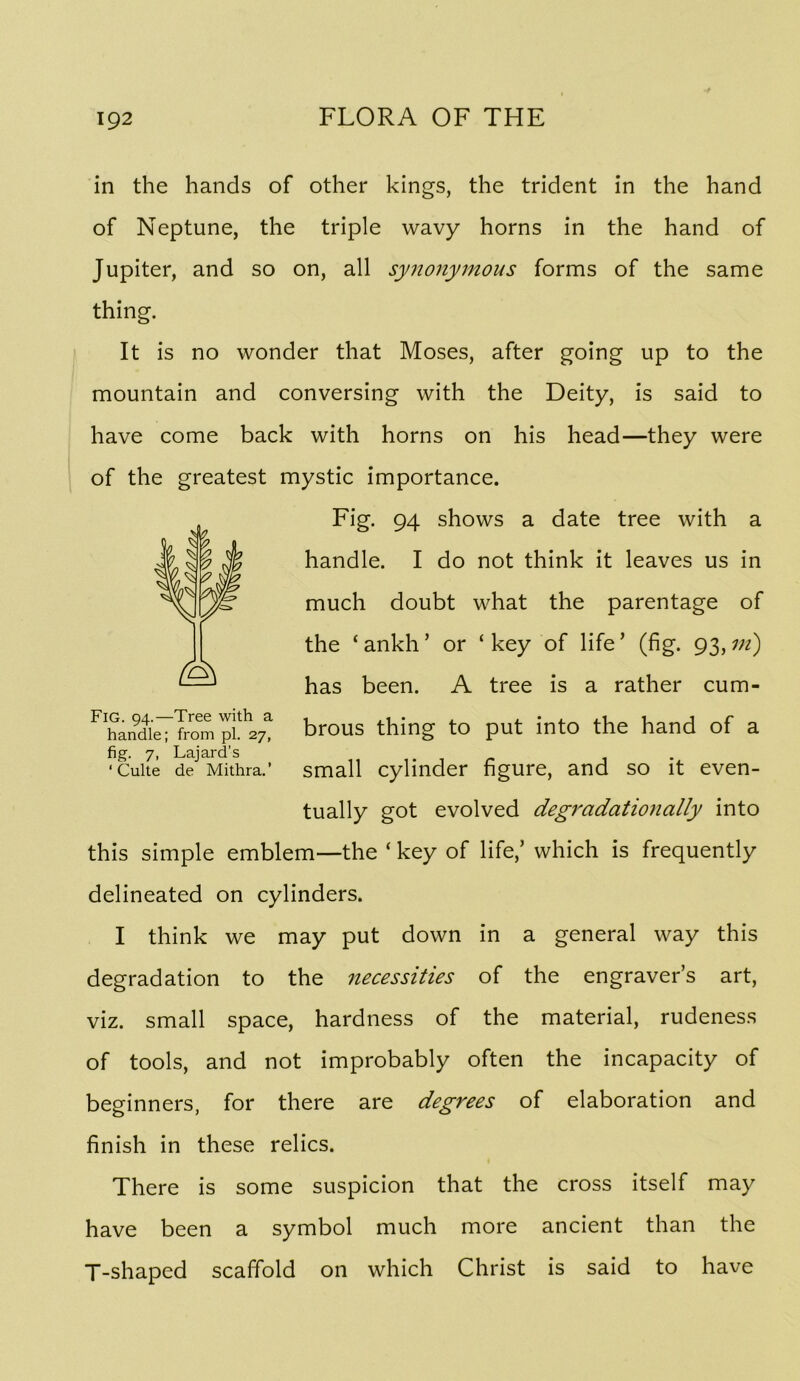 in the hands of other kings, the trident in the hand of Neptune, the triple wavy horns in the hand of Jupiter, and so on, all synonymous forms of the same thing. It is no wonder that Moses, after going up to the mountain and conversing with the Deity, is said to have come back with horns on his head—they were of the greatest mystic importance. Fig. 94 shows a date tree with a handle. I do not think it leaves us in much doubt what the parentage of the ‘ankh’ or ‘ key of life’ (fig. 93, w) has been. A tree is a rather cum- brous thing to put into the hand of a small cylinder figure, and so it even- tually got evolved degradationally into this simple emblem—the ‘ key of life,’ which is frequently delineated on cylinders. I think we may put down in a general way this degradation to the necessities of the engraver’s art, viz. small space, hardness of the material, rudeness of tools, and not improbably often the incapacity of beginners, for there are degrees of elaboration and finish in these relics. There is some suspicion that the cross itself may have been a symbol much more ancient than the T-shaped scaffold on which Christ is said to have Fig. 94.—Tree with a handle; from pi. 27, fig. 7, Lajard’s ‘ Culte de Mithra.’