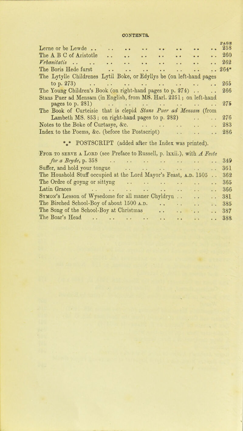 PAGB Lerne or be Lewde 258 The A B C of Aristotle 260 Vrbanitatis 262 The Boris Hede furst 264* The Lytylle Childrenes Lytil Boke, or Edyllys be (on left-hand paees to p. 273) 265 The Young Children’s Book (on right-hand pages to p. 274) . . , . 266 Stans Puer ad Mensam (in English, from MS. Harl. 2251; on left-hand pages to p. 281) 275 The Book of Curteisie that is clepid Stans Puer ad Mensam (from Lambeth MS. 853 ; on right-hand pages to p. 282) . . . . 276 Notes to the Boke of Curtasye, &c. 283 Index to the Poems, &c. (before the Postscript) 286 *#* POSTSCRIPT (added after the Index was printed). Efor to serve a Lord (see Preface to Russell, p. Ixxii.), with A Fesfe for a Bryde, p. 358 . . 349 Suffer, and hold your tongue 361 The Houshold Stuff occupied at the Lord Mayor’s Eeast, a.d. 1505 . . 362 The Ordre of goyng or sittyng 365 Latin Graces 366 Symon’s Lesson of Wysedome for all maner Chyldryn 381 The Birched School-Boy of about 1500 a.d 385 The Song of the School-Boy at Christmas .. .. ,. .. 387 The Boar’s Head 388.