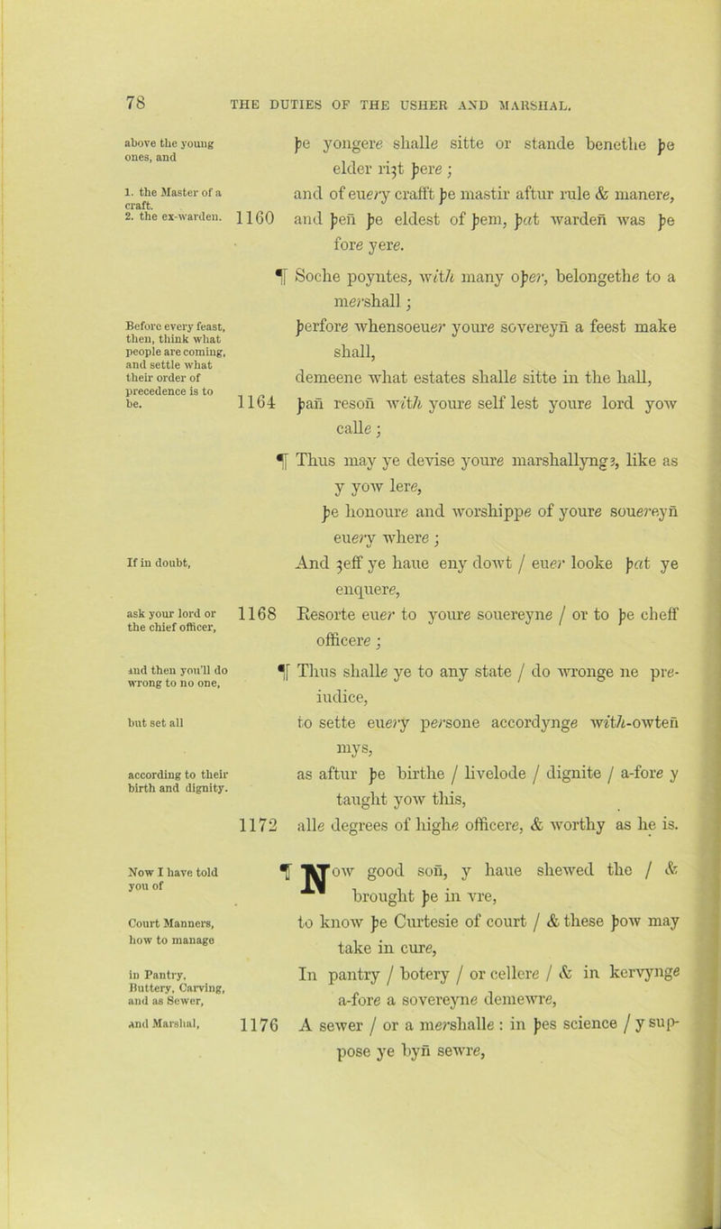 above the young ones, and 1. the Master of a craft. 2. the ex-warden. Before every feast, then, think what people are coming, and settle what then- order of precedence is to be. If in doubt. ask your lord or the chief officer. lud then you’ll do wrong to no one. but set all according to their birth and dignity. Now I have told you of Court Manners, how to manage in Pantry, Buttery, Carving, and as Sewer, and Marshal, jje yongere shalle sitte or stande benetlie pe elder r^t pere; and of enery crafft pe mastir aftur rule & inanere, 1160 and )jen pe eldest of ]ieni, Avarden Avas pe fore yere. % Soche poyntes, with many oper, belongethe to a mershal] ; jierfore Avbensoeuer youre sovereyn a feest make shall, demeene A\diat estates slialle sitte in the hall, 1164 Jjaii resoii Avtt/t youre self lest youre lord yoAv calle; ^ Thus may ye devise youre marshallyng?, like as y yoAv lere, pQ honoure and Avorshippe of youre soue7-eyn eue/y Avhere ; And 3eff ye haue eny doAvt / eue?* looke J?at ye enquere, 1168 Eesorte euer to yoiu’e souereyne / or to jje cheff officere; Thus slialle ye to any state / do AATonge ne pre- iudice, to sette eue?y persone accordynge AV7t7i-OAvteri mys, as aftur pe birthe / livelode / dignite / a-fore y taught yoAv tliis, 1172 alle degrees of highe officere, & A\mrthy as he is. ^ TCToav good son, y haue sheAved the / & brought pe in vre, to knoAV pe Curtesie of court / & these ]joav may take in cure. In pantry / botery / or cellere / & in kerAynge a-fore a sovereyne demcAvre, 1176 A seAver / or a me?'shalle : in )ies science / y sui> pose ye byn seAV're,
