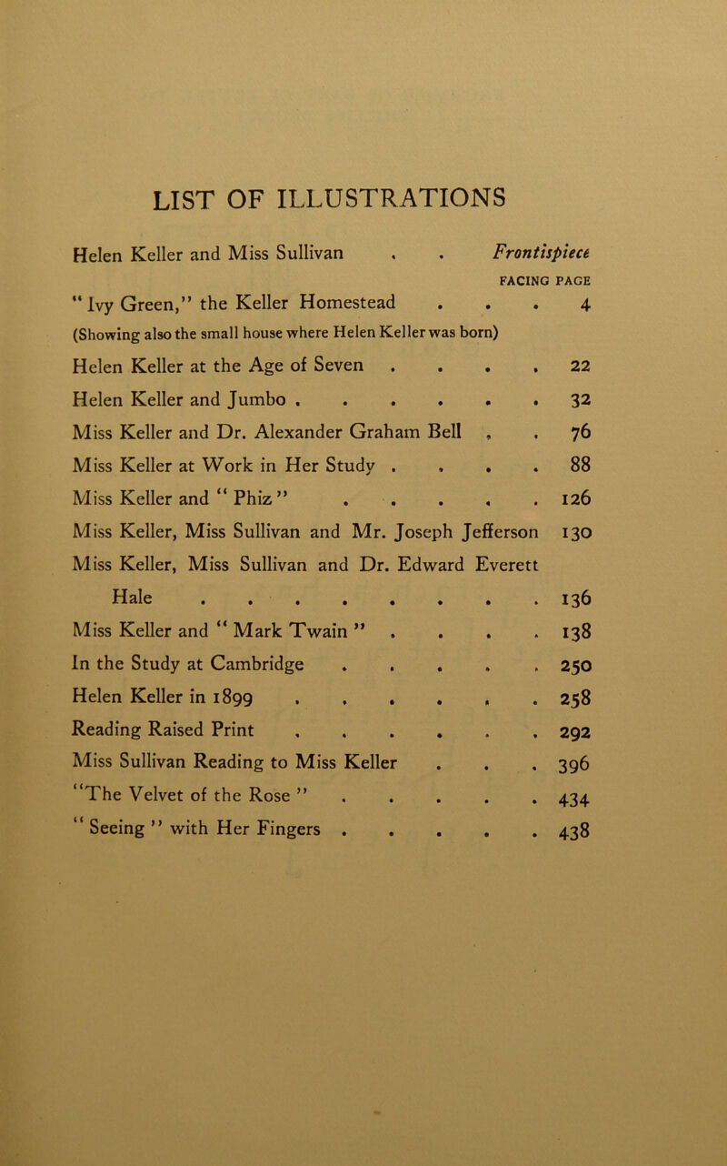 LIST OF ILLUSTRATIONS Helen Keller and Miss Sullivan , . Frontispiece FACING PAGE  Ivy Green,” the Keller Homestead ... 4 (Showing also the small house where Helen Keller was born) Helen Keller at the Age of Seven • • % 22 Helen Keller and Jumbo . • 0 • 32 Miss Keller and Dr. Alexander Graham Bell 76 Miss Keller at Work in Her Study . * • * 88 Miss Keller and “ Phiz” • « t 126 Miss Keller, Miss Sullivan and Mr. Joseph Jefferson Miss Keller, Miss Sullivan and Dr. Edward Everett 130 Hale 136 Miss Keller and “ Mark Twain ” 138 In the Study at Cambridge 250 Helen Keller in 1899 , . . 258 Reading Raised Print 292 Miss Sullivan Reading to Miss Keller 396 “The Velvet of the Rose ” 434 “ Seeing ” with Her Fingers . 438