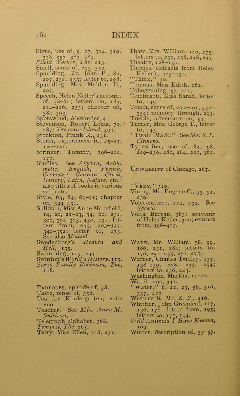 Signs, use of, 9, 17, 304, 319, 338. 357- 383. 389- Silent Worker, The, 2x3. Smell, sense of, 293, 352. Spaulding, Mr. John P., 82, 207,232, 233; letter to, 208. Spaulding, Mrs. Mahlon D., 207. Speech, Helen Keller’s account of, 58-62; letters on, 183, 224-226, 235; chapter on, 384-393- Spotswood, Alexander, 4. Stevenson, Robert Louis, 70, 287; Treasure Island, 394. Stockton, Frank R., 231. Storm, experiences in, 25-27, 120-121. Stringer, Tommy, 196—202, 272. Studies. See Algebra, Arith- metic, English, French, Geometry, German, Greek, History, Latin, Nature, etc.; also titles of books in various subjects. Style, 63, 64, 69—71; chapter on, 394-431. Sullivan, Miss Anne Mansfield, 14, 20, 21-23, 34, 60, 252, 300, 302-303, 430, 431; let- ters from, 299, 303-337, 340-352; letter to, 173. See also Method. Swedenborg’s Heaven and Hell, _ 135. Swimming, 119, 244 Swinton’s World’s History, 115. Swiss Family Robinson, The, 108. Tadpoles, episode of, 38. Taste, sense of, 352. Tea for Kindergarten, 206— 209. Teacher. See Miss Anne M. Sullivan. Telegraph alphabet, 368. Tempest, The, 265. Terry, Miss Ellen, 128, 231. Thaw, Mrs. William, 140, 275; letters to, 230, 238, 246, 247. Theatre, 128-130. Themes, extracts from Helen Keller’s, 425—431. “Think,” 30. Thomas, Miss Edith, 162. Tobogganing, 57, 241. Tomlinson, Miss Sarah, letter to, 149. Touch, sense of, 290—291, 352- 354; memory through, 293. Trestle, adventure on, 54. Turner, Mrs. George T., letter to, 145. “Twain, Mark. ” See Mr. S. L. Clemens. Typewriter, use of, 84, 98, 229—230, 280, 284, 291, 367. University of Chicago, 267. “Very,” 320. Vining, Mr. Eugene C., 93, 94, „ 2S9- Voice-culture, 224, 234. See Speech. Volta Bureau, 383; souvenir of Helen Keller, 300; extract from, 396-415. Wade, Mr. William, 78, 99, 186, 231, 284; letters to, 176, 251, 255, 271, 275. Warner, Charles Dudley, 137, 138-139, 228, 233, 294; letters to, 236, 243. Washington, Martha, 11-12. Watch, 294, 341. “Water,” 6, 22, 23, 58, 3x6, 337. 422.. Westervclt, Mr. Z. F., 216. Whittier, John Greenleaf, 117, 136, 178; letter from, 195; letters to, 177, iy4. Wild Animals I Have Known, 109. Winter, description of, 55—57-