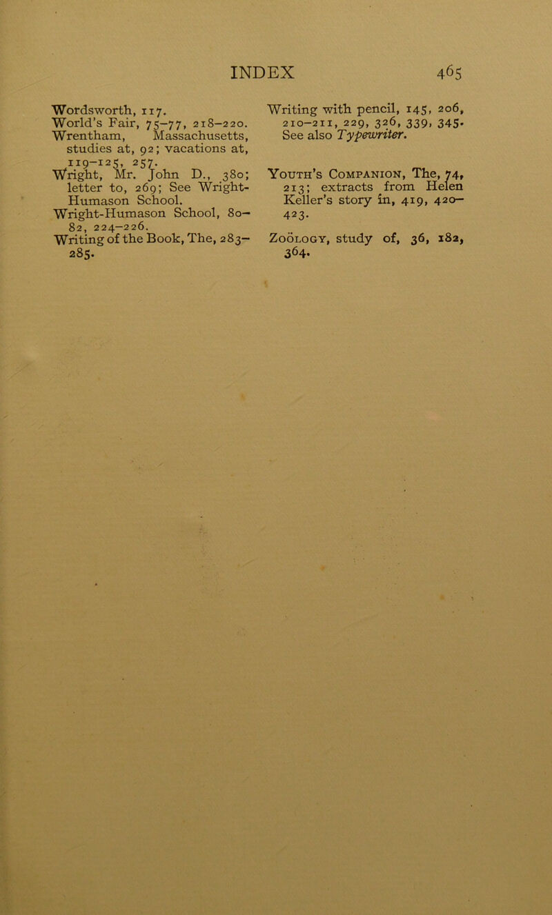 Wordsworth, 117. World’s Fair, 75-77, 218-220. Wrentham, Massachusetts, studies at, 92; vacations at, 119-125, 257. Wright, Mr. John D., 380; letter to, 269; See Wright- Humason School. Wright-Humason School, 80- 82, 224-226. Writing of the Book, The, 283- 285. Writing with pencil, 145, 206, 210-211, 229, 326, 339, 345. See also Typewriter. Youth’s Companion, The, 74, 213; extracts from Helen Keller’s story in, 419, 420- 423- Zoology, study of, 36, 182, 364-