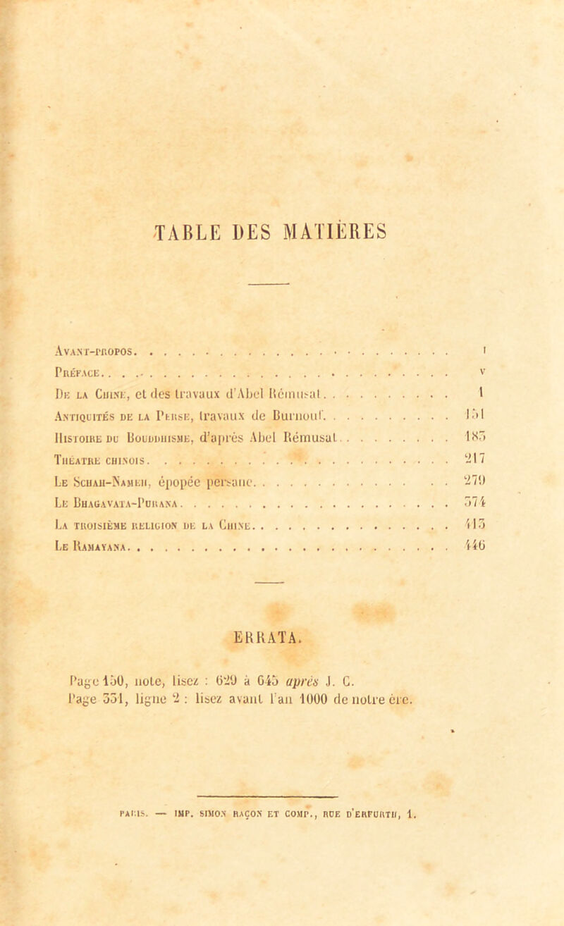 TABLE DES MATIÈRES AvA.vr-rr.opos ' Préface. . v De la Chine, et des travaux d’Abel Iiémusat 1 Antiquités de la Perse, travaux de Burnouf. 131 Histoire du Bouddhisme, d’après Abel Rémusat 183 Théâtre chinois ^ 217 Le Schaii-Naueii, épopée persane 27!) Le Bhagavata-Purana 571 La troisième religion de la Chine 113 Le Ramaïana 116 ERRATA. Paye 130, note, lisez : 62(J à G45 après J. C. Page 351, ligne 2 : lisez avant l’an 1000 de notre ère. PALIS. — IMF. SIMON RAÇON ET COMP., IUJE d'eRFURTH, 1.