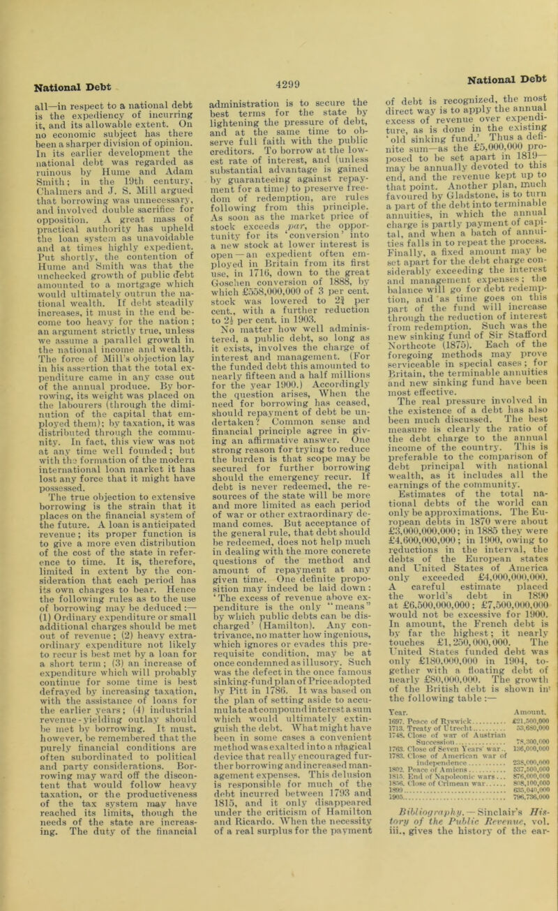 National Debt National Debt all—in respect to a national debt is the expediency of incurring it, and its allowable extent. On no economic subject has there been a sharper division of opinion. In its earlier development the national debt was regarded as ruinous by Hume and Adam Smith; in the 19th century, Chalmers and J. S. Mill argued that l)orrowing was unnecessary, and involved doul)le sacrifice for opposition. A great mass of practical authority has upheld the loan system as unavoidable and at times highly expedient. Put shortly, the contention of Hume and Smith was that the unchecked growth of public debt amounted to a mortgage which would ultimately outrun the na- tional wealth. If debt steadily increases, it must in the end be- come too heavy for the nation ; an argument strictly true, unless we .a.ssume a parallel growth in the national income and wealth. Tlie force of ^Mill’s objection lay in his assertion that the total ex- penditure came in any case out of the annual produce. By bor- rowing, its weight was placed on the labourers (through the dimi- nution of the capital that em- ployed them); by taxation, it was distributed through the commu- nity. In fact, this view was not at any time well founded; but with the formation of the modern international loan mai’ket it has lost any force that it might have possessed. The true objection to extensive borrowing is the strain that it places on the financial system of the future. A loan is anticipated revenue; its proper function is to give a more even distribution of the cost of the state in refer- ence to time. It is, therefore, limited in extent by the con- sideration that each period has its own charges to bear. Hence the following rules as to the use of borrowing may be deduced ;— (1) Ordinary expenditure or small additional charges should be met out of revenue; (2) heavy extra- onlinary expenditure not likely to recur is best met by a loan for a short term ; (3) an increase of expenditure which will probably continue for some time is best defrayed by increasing taxation, with the assistance of loans for the earlier years; (4) industrial revenue - yielding outlay should be met by borrowing. It must, however, be remembered that the purely financial conditions are often subordinated to political and party considerations. Bor- rowing may ward off tbe discon- tent that would follow heavy taxation, or the productiveness of the tax system nvay have readied its limits, though the needs of the state are increas- ing. The duty of the financial administration is to secure the best terms for the state by lightening the pressure of debt, and at the same time to ob- serve full faitli with the public creditors. To borrow at the low- est rate of interest, and (unless substantial advantage is gained by guaranteeing against repay- ment for a time) to preserve free- dom of redemption, are rules following from this principle. As soon as the market price of stock exceeds par, the oppor- tunity for its ‘conver.sion’ into a new stock at lower interest is open — an expedient often em- ployed in Britain from its first use, in 171 fi, down to the great Goschen conversion of 1888, by which £558,000,000 of 3 per cent, stock was lowered to 23 per cent., with a further reduction to 2A per cent, in 1903. No matter how well adminis- tered, a public debt, so long as it exists, involves the charge of interest and management. (For the funded debt this amounted to nearly fifteen and a half millions for the year 1900.) Accordingly the (piestion arises. When the need for borrowing has ceased, should repayment of debt be un- dertaken? Common sense and financial principle agree in giv- ing an affirmative answer. One strong reason for trying to reduce the burden is that scope may be secured for further borrowing should the emergency recur, if debt is never redeemed, the re- sources of the state will be more and more limited as each period of war or otlier extraordinary de- mand comes. But acceptance of the general rule, that debt should be redeemed, does not help much in dealing with the more concrete questions of the method and amount of repayment at any given time. One definite propo- sition may indeed be laid down: ‘ The excess of revenue above ex- penditure is the only “means’’ by which public debts can be dis- charged’ (Hamilton). Any con- trivance, no matter how ingenious, which ignores or evades this pre- requisite condition, may be at once condemned as illusory. Such was the defect in the once famous sinking-fund plan of Price adopted by Pitt in 178fi. It was based on tile plan of setting aside to accu- mulate at compound interest a sum which would ultimately extin- guish the debt. What might have been in some cases a convenient method was exalted into a nlagical device that really encouraged fur- ther borrowing and increa.sed man- agement expenses. This delusion is responsible for much of the debt incurred between 1793 and 1815, and it only disappeared under the criticism of Hamilton and Ricardo. When the necessity of a real surplus for the payment of debt is recognized, tbe most direct way is to apply the annual excess of revenue over expendi- ture, as is done in the existiiig ‘old sinking fund.’ Tims a defi- nite sum-as the £5,000,000 pro- posed to be set apart in IoIJt' may be annually devoted to this end, and the revenue kept uji to that point. Another plan, much favoured liy Gladstone, is to turn a part of the debt into terminable annuities, in which the annual charge is partly payment of capi- tal, and when a batch of annui- ties falls in to repeat the process. Finally, a fixed amount may lie set apart for the debt charge con- siderably e.xceeding the interest and management expenses; the balance will go for debt redemp- tion, and 'as time goes on this part of the fund will increase through the reduction of interest from redemption. Such was the new sinking fund of Sir Stafford Xorthcote (1875). Each of the foregoing methods may prove serviceable in special cases; for Britain, the terminable annuities and new sinking fund have been most effective. The real pressure involved in the existence of a debt has also been much discussed. The best measure is clearlj the ratio of the debt charge to the annual income of the country. This is preferable to the comparison of delit principal with national wealth, as it includes all the earnings of the community. Estimates of the total na- tional debts of the world can only be approximations. The Eu- ropean debts in 1870 were about £3,000,000,000; in 1885 they were £4,000,000,000; in 1900, owing to reductions in the interval, the debts of the Euroijean states and United States of America only exceeded £4,000,01)0,000. A careful estimate placed the world’s debt in 1890 at £6.500,000,000; £7,500,000,000 would not be excessive for 1900. In amount, the French debt is by far the highest; it nearly touches £1,250,000,000. The Ignited States funded debt was only £180,(Xi0,000 in 1904, to- gether with a floating debt of nearly £80,000.0(M). The growth of the British debt is shown in' the following table :— Year. Amotnit. 1697. Peace of Kyewick £21..'>00»000 1713. Treaty of I trecht .W.eSO.OOO 1748, Close of war of Austrian Succession 7S.:M)0,000 176.3. Close of Seven Years' war.. 136,000,000 178.3. Close of American war of inde]H'mlence 238,000,O00 180*2. Peace of miens 5.37,500,000 181.5. Kntl of Napoleonic wars ... 876,000,000 18-Vi. clt)se of Crimean wav 808,100,000 1890 CA5.040,000 190.5 796,736,000 Bihlio(jrnphii. — Sinclair's //».<!- tory of the Public Pevenuc, vol. iii., gives the history of the ear-
