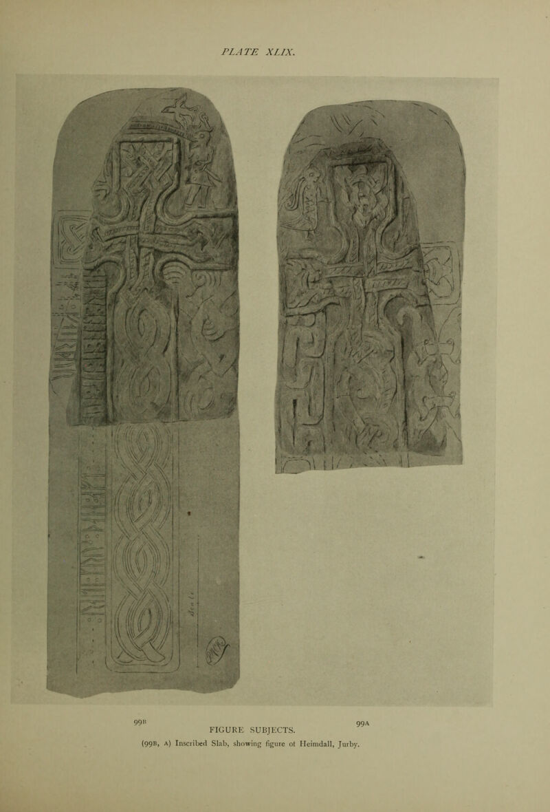 ■ > v f |/ A ! if ^ \ i‘ 1' > ' ' 99” 99A FIGURE SUBJECTS. (99B, a) Inscribed Slab, showing figure of Ileinidall, Jurby.
