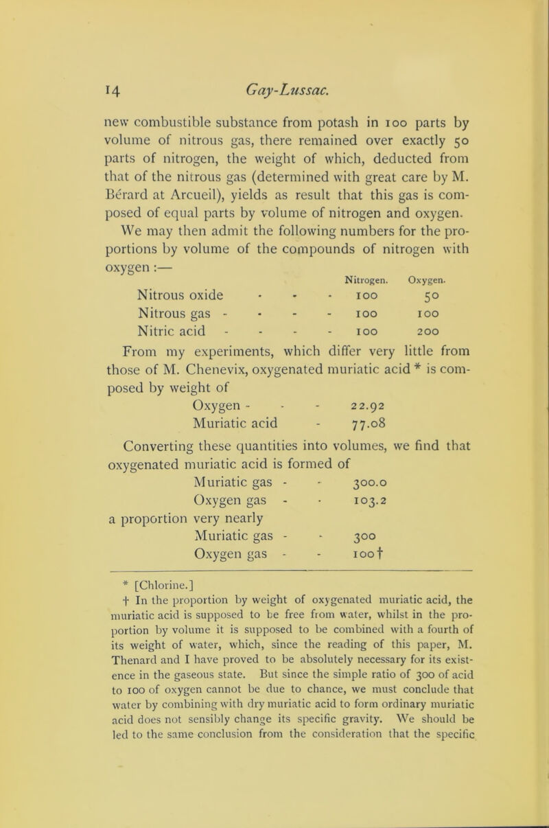 new combustible substance from potash in loo parts by volume of nitrous gas, there remained over exactly 50 parts of nitrogen, the weight of which, deducted from that of the nitrous gas (determined with great care by M. berard at Arcueil), yields as result that this gas is com- posed of equal parts by volume of nitrogen and oxygen. We may then admit the following numbers for the pro- portions by volume of the compounds of nitrogen with oxygen :— Nitrous oxide • Nitrogen. 100 Oxygen. 50 Nitrous gas - • - 100 100 Nitric acid - - 100 200 From my experiments, which differ very little from those of M. Chenevix, oxygenated muriatic acid * is com- posed by weight of Oxygen - - - 22.92 Muriatic acid - 77-o8 Converting these quantities into volumes, we find that oxygenated muriatic acid is formed of Muriatic gas - - 300.0 Oxygen gas - • 103.2 a proportion very nearly Muriatic gas - - 300 Oxygen gas - - roof * [Chlorine.] t In the proportion by weight of oxygenated muriatic acid, the muriatic acid is supposed to be free from water, whilst in the pro- portion by volume it is supposed to be combined with a fourth of its weight of water, which, since the reading of this paper, M. Thenard and I have proved to be absolutely necessary for its exist- ence in the gaseous state. But since the simple ratio of 300 of acid to 100 of oxygen cannot be due to chance, we must conclude that water by combining with dry muriatic acid to form ordinary muriatic acid does not sensibly change its specific gravity. We should be led to the same conclusion from the consideration that the specific