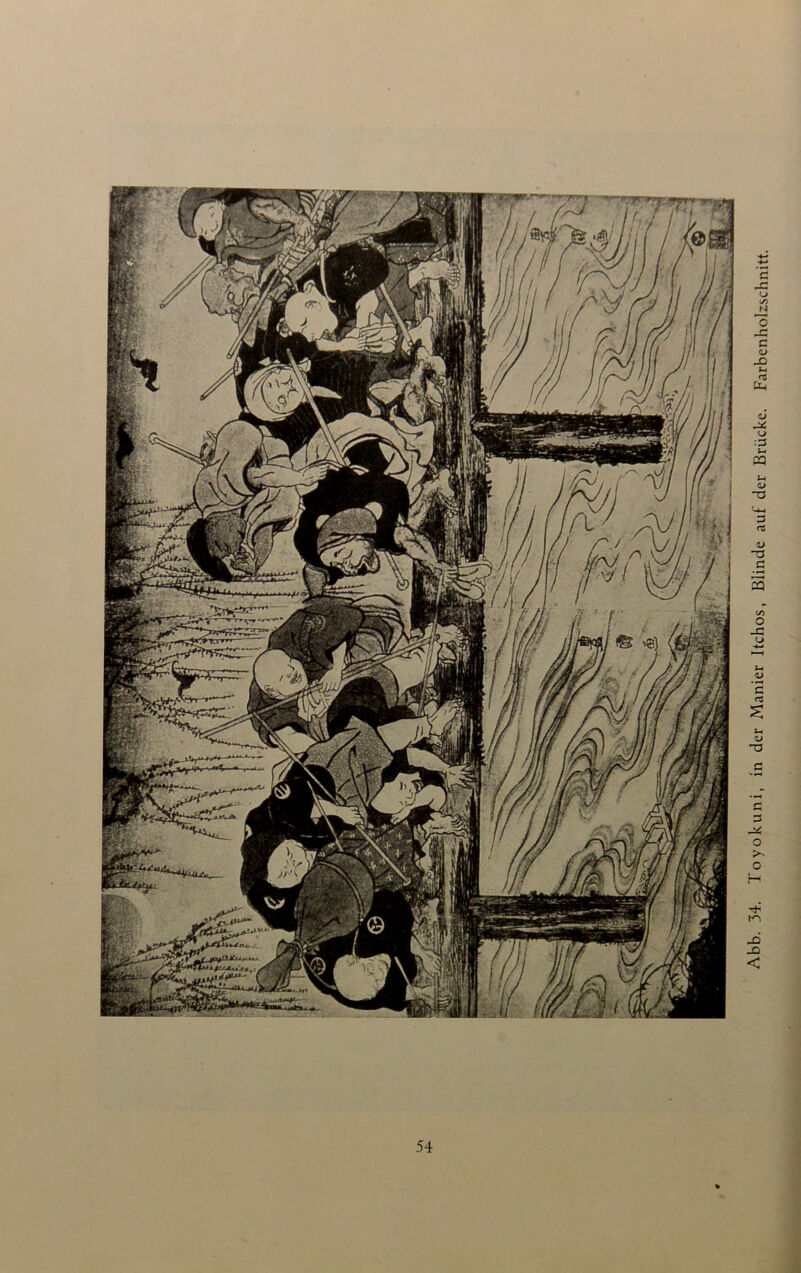 Abb. 34. Toyokuni, in der Manier Itchos, Blinde auf der Brücke. Farbenholzschnitt.