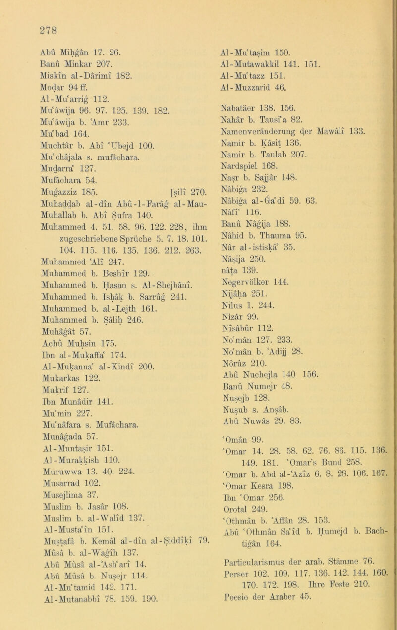Abu Mibgan 17. 26. Banü Miukar 207. Miskin al-Darimi 182. Moclar 9411. Al-Miiarrig 112. Miiawija 96. 97. 125. 139. 182. Mu awija b. Amr 233. Mubad 164. Muchtar b. Abi ‘Ubejd 100. Mii chäjala s. mufäobara. Mudarra' 127. Mufachara 54. Mugazziz 185. [sili 270. T\[uhaddab al-din Abii-l-Farag al-Mau- Muhallab b. Abi Siifra 140. Muhammed 4. 51. 58. 96. 122. 228, ihm ziigeschriebene Sprüche 5. 7. 18. 101. 104. 115. 116. 135. 136. 212. 263. Muhammed 'Ali 247. Muhammed b. Beshir 129. Muhammed b. Hasan s. Al-Shejbani. Muhammed b. Ishäk b. Sarrüg 241. Muhammed b. al-Lejth 161. Muhammed b. Salih 246. Miihägat 57. Achü Muhsin 175. Ibn al-Mukaffa' 174. Al-Mukanna' al-Kindi 200. Miikarkas 122. Mukrif 127. Ibn Munädir 141. Mu min 227. Munafara s. Mufachara. Muuagada 57. Al-Miintasir 151. Al-Mui'akkish 110. Muruwwa 13. 40. 224. Musarrad 102. Musejlima 37. Muslim b. Jasar 108. Muslim b. al-Walid 137. Al-Miista'in 151. Miis^fa b. Kenial al-din al-Siddiki 79. Müsä b. al-Wagih 137. Abu Müsa al-’Ash'ari 14. Abu Musil b. Nusejr 114. Al-Mutamid 142. 171. Al-Mutanabbi 78. 159. 190. Al-Mutasim 150. Al-Mutawakkil 141. 151. Al-Mutazz 151. Al-Muzzarid 46. Nabatäer 138. 156. Nahar b. Tausi'a 82. Namenveränderung cier Mawilli 133. Namir b. Käsit 136. Nainir b. Taulab 207. Nardspiel 168. Nasr b. Sajjär 148. Näbiga 232. Näbiga al-Ga'di 59. 63. Näfr 116. Banü Nägija 188. Nfiliid b. Thauma 95. När al-istiska 35. Näsija 250. näta 139. Negervölker 144. Nijäha 251. Nüus 1. 244. Nizär 99. Nisäbür 112. No'man 127. 233. No'man b. 'Adijj 28. Norüz 210. Abu Nuchejla 140 156. Banü Numejr 48. Nusejb 128. Nusub s. Ansäb. Abü Nuwäs 29. 83. 'Oman 99. 'Omar 14. 28. 58. 62. 76. 86. 115. 136. 149. 181. 'Omar’s Bund 258. 'Omar b. Abd al-'Aziz 6. 8. 28. 106. 167. 'Omar Kesra 198. Ibn 'Omar 256. Orotal 249. 'Othman b. 'Affiiu 28. 153. Abü ' Othman Sa'id b. Ilumejd b. Bach- tigän 164. Partieularismus der arab. Stämme 76. Perser 102. 109. 117. 136. 142. 144. 160. 170. 172. 198. Ihre Feste 210. Poesie der Araber 45.