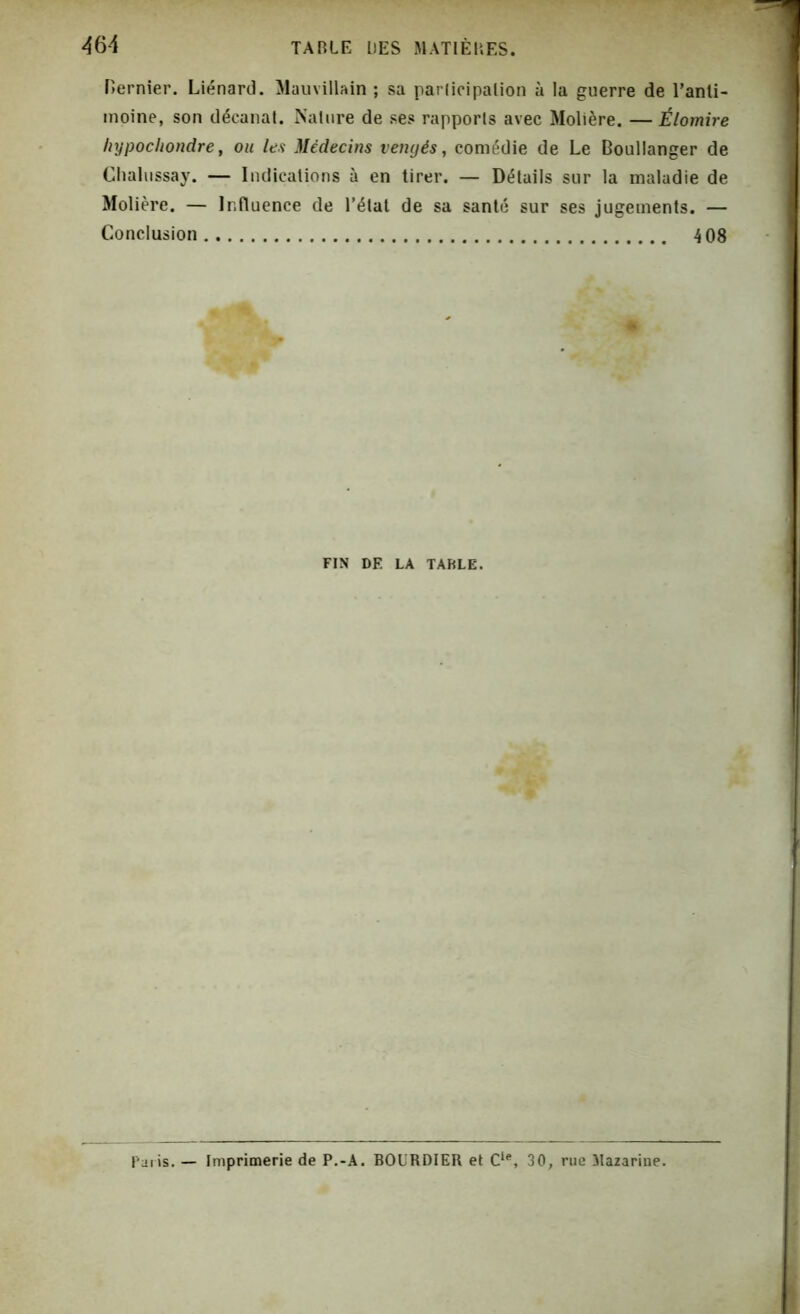 Dernier. Liénard. Mauvillain ; sa participation à la guerre de l’anli- moine, son décanat. Nature de ses rapports avec Molière. — Élomire hypochondre, ou les Médecins vengés, comédie de Le Doullanger de Chalussay. — Indications à en tirer. — Détails sur la maladie de Molière. — Influence de l’état de sa santé sur ses jugements. — Conclusion 4 08 FIN DE LA TABLE. Paris. — Imprimerie de P.-A. BOURDIER et Cle, 30, rue Mazarine.