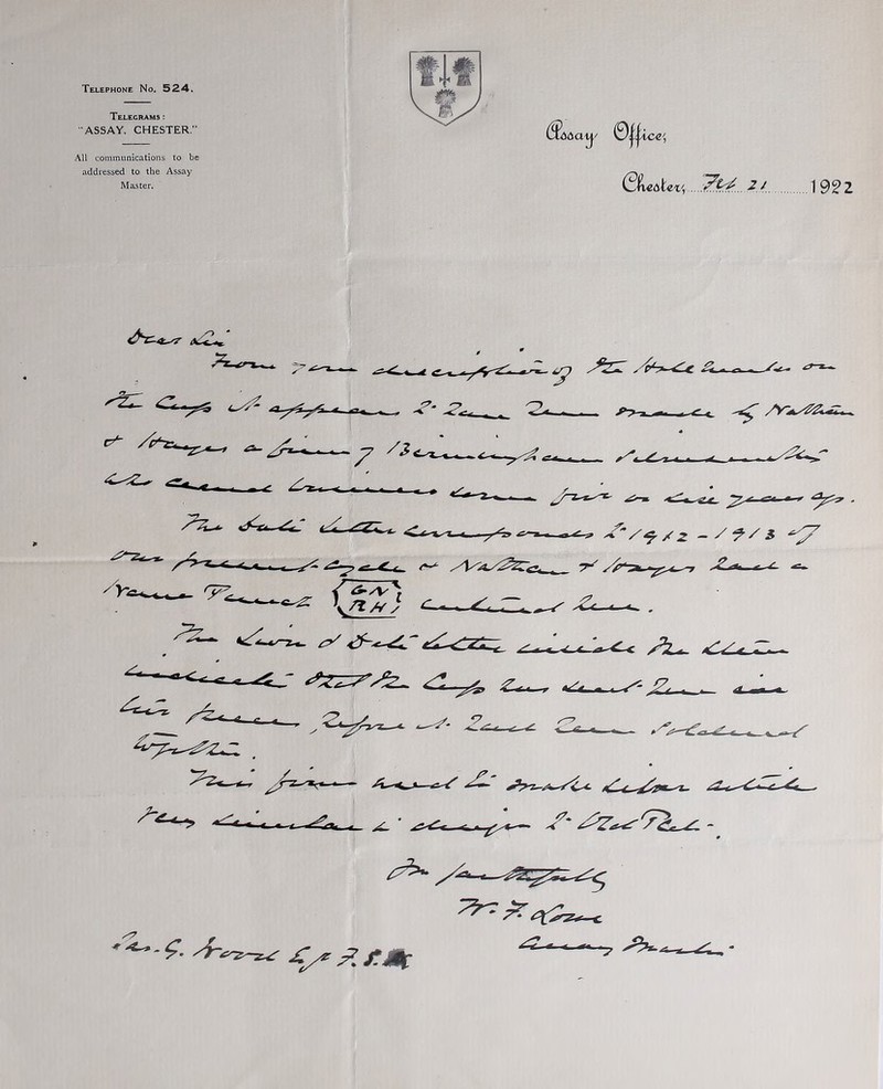Telephone No. 524. Telegrams: ASSAY. CHESTER.” All communications to be addressed to the Assay Master. (Efieatei', ^ 1 92 Z —*■ - •'-'' t. <_ A ■ «- > <7.