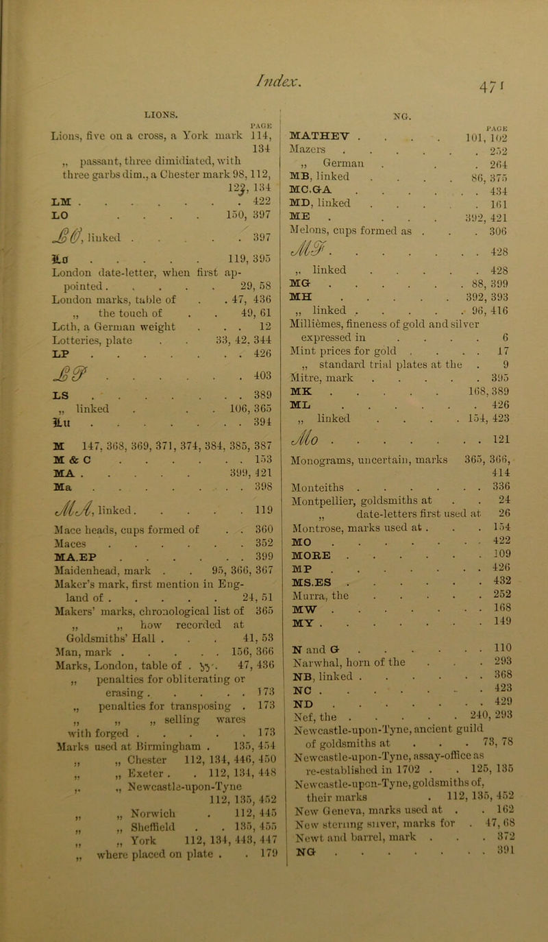 47^ LIONS. I’AGK Lions, five on a cross, a York mark Jl-I, 134 ,, passant, three dimidiated, with three garbs dim., a Chester mark 98,112, 12J,134 LM ....... 422 L.0 .... 150, 397 linked . . 397 !ta . . . . London date-letter, when pointed.... London marks, table of „ the touch of Loth, a German weight Lotteries, plate liP . . . . 119,395 first ap- 29, 58 . 47, 436 49, 61 . . 12 33, 42. 344 . . 426 Jd& i03 LS 389 „ linked . . . 106, 365 ?Lu 394 M 147, 368, 369, 371, 374, 384, 385, 387 M & C 153 MA 399, 121 Ma 398 linked 119 Mace heads, cups formed of . . 360 Maces 352 MA.EP 399 Maidenhead, mark . . 95, 366, 367 Maker’s mark, first mention in Eng- land of 24, 51 Makers’ marks, chronological list of 365 „ „ how recorded at Goldsmiths’ Hall . . . 41, 53 !Man, mark 156, 366 Marks, London, table of . 47, 436 „ penalties for obliterating or erasing 173 ., penalties for transposing . 173 „ „ „ selling wares with forged 173 Marks used at Birmingham . 135, 454 „ „ Cluster 112, 134, 446, 450 „ „ Exeter . . 112, 134, 448 ,, „ Newcastle-upon-Tyne 112, 135, 452 „ „ Norwich . 112, 445 „ ., Sheffield . . 135, 455 „ York 112,134,443,447 „ where placed on plate . . 179 NO. I'AGK MATHEV .... 101, 102 Mazei-s . 252 „ German . 264 MB, linked .... 86, 375 MC.GA . 434 MD, linked .... . 161 m;e . ... 392, 421 Melons, cups formed as . . 306 . 428 „ linked .... . 428 MG 88, 399 MH 392, 393 ,, linked . . . . . 96, 416 Millifemes, fineness of gold and sil ver expressed in ... 6 Mint prices for gold , . 17 „ standard trial plates at the 9 Mitre, mark .... . 395 MK 168, 389 ME . 426 „ linked .... 154, 423 Mo . . 121 Monograms, uncertain, marks 365, 366, 414 Monteiths .... . . 336 Montpellier, goldsmiths at . 24 date-letters first used at 26 Montrose, marks used at. . 154 MO . . 422 MORE . 109 MP . . 426 MS.ES . 432 Murra, the .... . 252 MW . . 168 MY . 149 N and G . . . • . . 110 Narwhal, horn of the . 293 NB, linked .... . . 368 NO . 423 ND . . 429 Nef, the 240, 293 Newcastle-upon-Tyne, ancient guild of goldsmiths at . 73, 78 Newcastle-upon-Tyne, assay-office as re-established in 1702 . 125,135 Newcastle-upon-Tyne, goldsmiths of. their marks . 112 ,135,452 New Geneva, marks used at . . 162 New sterling silver, marks for . 47,68 Newt and barrel, mark . . 372 NG . . 391
