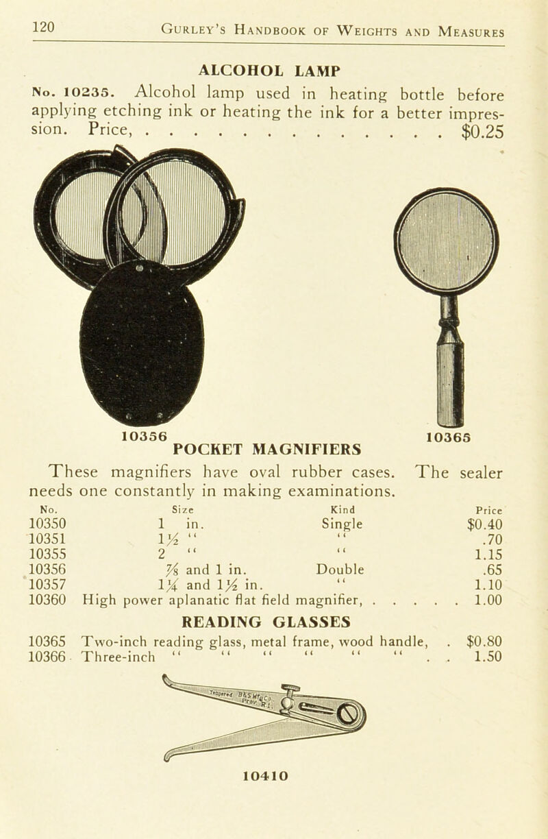 ALCOHOL LAMP No. 10235. Alcohol lamp used in heating bottle before applying etching ink or heating the ink for a better impres- sion. Price, $0.25 10356 10365 POCKET MAGNIFIERS Th needs ese magnifiers have oval rubber cases. The one constantly in making examinations. sealer No. Size Kind Price 10350 1 in. Single $0.40 10351 1>4 “ .70 10355 2 “ “ 1.15 10356 ^ and 1 in. Double .65 *10357 1 /i and IJ^ in. “ 1.10 10360 High power aplanatic flat field magnifier READING GLASSES . 1.00 10365 Two-inch reading glass, metal frame, wood handle. Three-inch “ “ “ . . $0.80 10366 1.50 10410