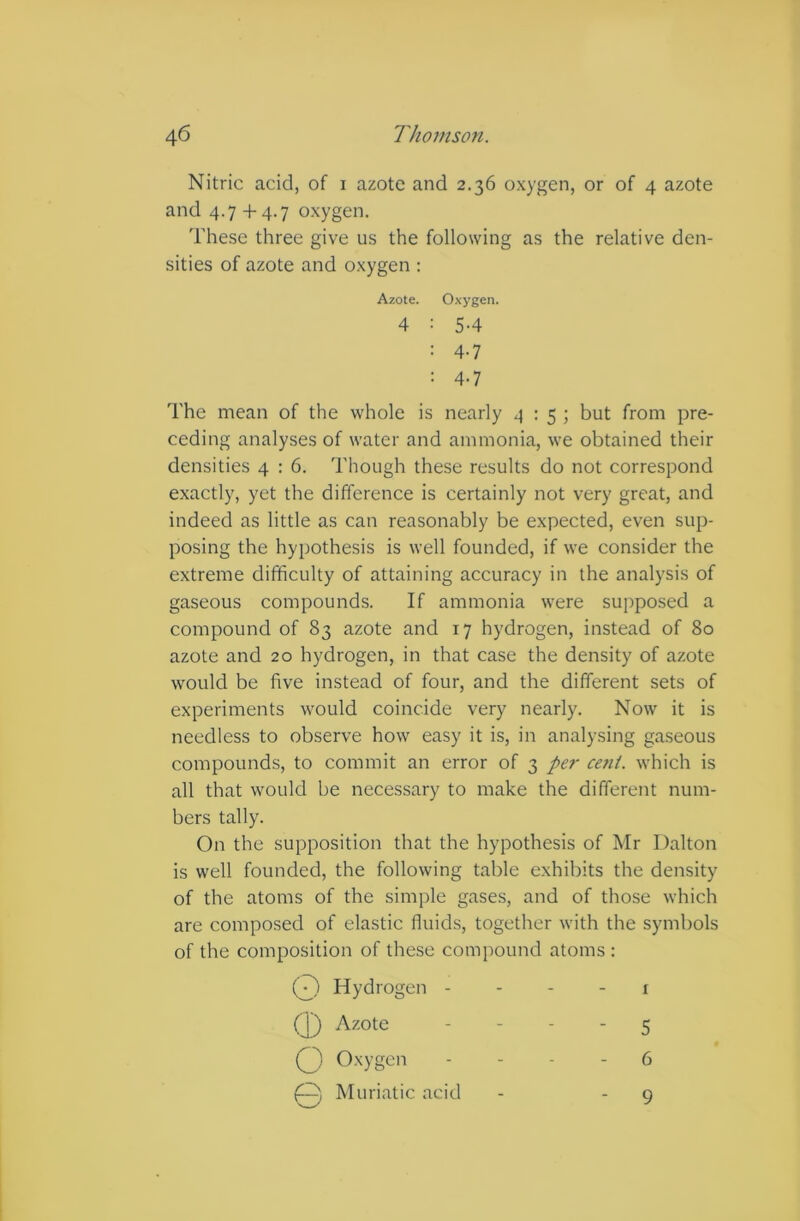 Nitric acid, of i azote and 2.36 oxygen, or of 4 azote and 4.7 + 4.7 oxygen. These three give us the following as the relative den- sities of azote and oxygen : Azote. Oxygen. 4 : 5-4 : 4.7 : 4.7 The mean of the whole is nearly 4:5; but from pre- ceding analyses of water and ammonia, we obtained their densities 4 : 6. Though these results do not correspond exactly, yet the difference is certainly not very great, and indeed as little as can reasonably be expected, even sup- posing the hypothesis is well founded, if we consider the extreme difficulty of attaining accuracy in the analysis of gaseous compounds. If ammonia were supposed a compound of 83 azote and 17 hydrogen, instead of 80 azote and 20 hydrogen, in that case the density of azote would be five instead of four, and the different sets of experiments would coincide very nearly. Now it is needless to observe how easy it is, in analysing gaseous compounds, to commit an error of 3 per ce?ii. which is all that would be necessary to make the different num- bers tally. On the supposition that the hypothesis of Mr Dalton is well founded, the following table exhibits the density of the atoms of the simple gases, and of those which are composed of elastic fluids, together with the symbols of the composition of these compound atoms : 0 Hydrogen 1 (J) Azote - 5 0 Oxygen . ... 6 0 Muriatic acid 9