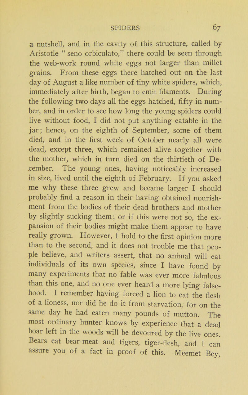 a nutshell, and in the cavity of this structure, called by Aristotle “ seno orbiculato,” there could be seen through the web-work round white eggs not larger than millet grains. From these eggs there hatched out on the last day of August a like number of tiny white spiders, which, immediately after birth, began to emit filaments. During the following two days all the eggs hatched, fifty in num- ber, and in order to see how long the young spiders could live without food, I did not put anything eatable in the jar; hence, on the eighth of September, some of them died, and in the first week of October nearly all were dead, except three, which remained alive together with the mother, which in turn died on the thirtieth of De- cember. The young ones, having noticeably increased in size, lived until the eighth of February. If you asked me why these three grew and became larger I should probably find a reason in their having obtained nourish- ment from the bodies of their dead brothers and mother by slightly sucking them; or if this were not so, the ex- pansion of their bodies might make them appear to have really grown. However, I hold to the first opinion more than to the second, and it does not trouble me that peo- ple believe, and writers assert, that no animal will eat individuals of its own species, since I have found by many experiments that no fable was ever more fabulous than this one, and no one ever heard a more lying false- hood. I remember having forced a lion to eat the flesh of a lioness, nor did he do it from starvation, for on the same day he had eaten many pounds of mutton. The most ordinary hunter knows by experience that a dead boar left in the woods will be devoured by the live ones. Bears eat bear-meat and tigers, tiger-flesh, and I can assure you of a fact in proof of this. Meemet Bey,